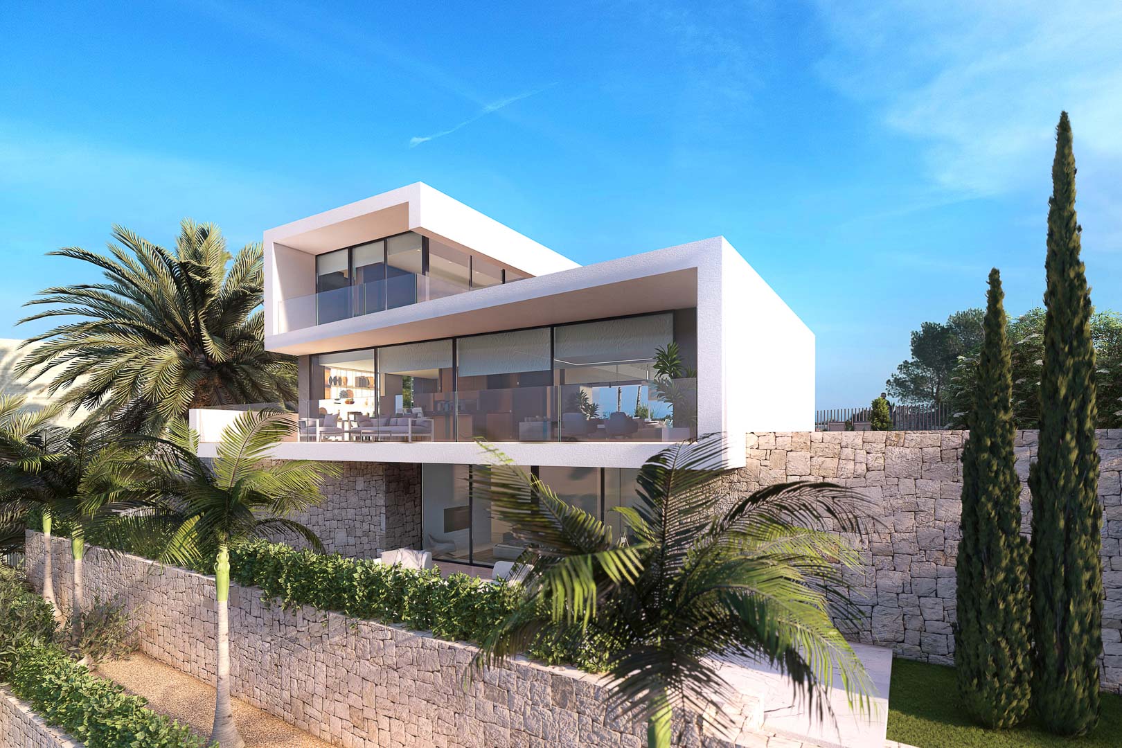 Exterieur van een moderne villa met terrassen, stenen muren en tropische tuinen onder een helderblauwe hemel.
