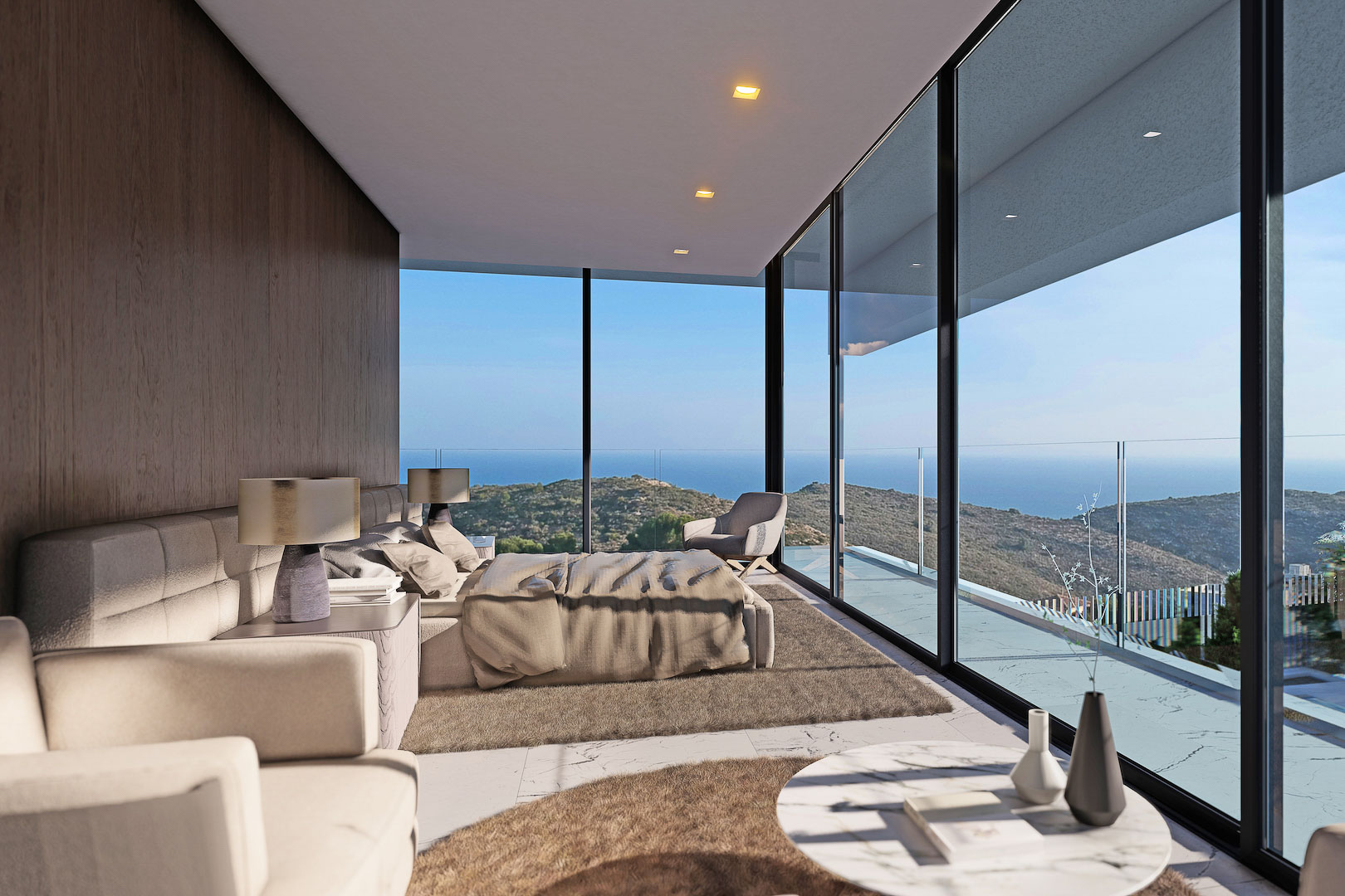 Lichte slaapkamer met houten wand en panoramisch uitzicht op zee vanuit grote ramen.