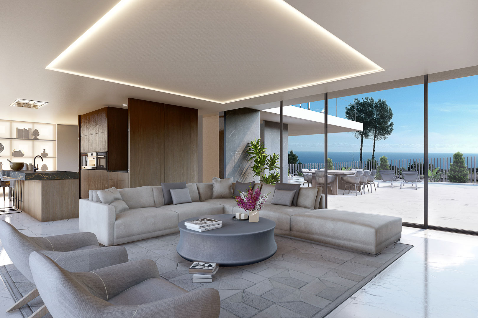 Moderne woonkamer met grijze modulaire bank en uitzicht op zee, verlicht met indirect licht.