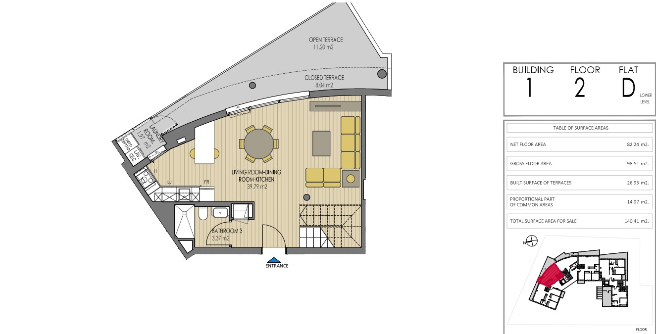 Gedetailleerde plattegrond van de benedenverdieping van duplex penthouse D in Gebouw 1, met een open woon-eetkamer van 39 m² en een ruim gebogen terras.