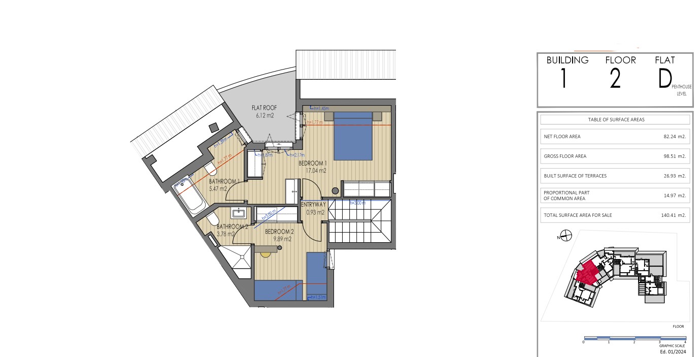Technische plattegrond van de bovenverdieping van Penthouse D in Gebouw 1, met twee slaapkamers met en-suite badkamers en een privéterras van 6,12 m².