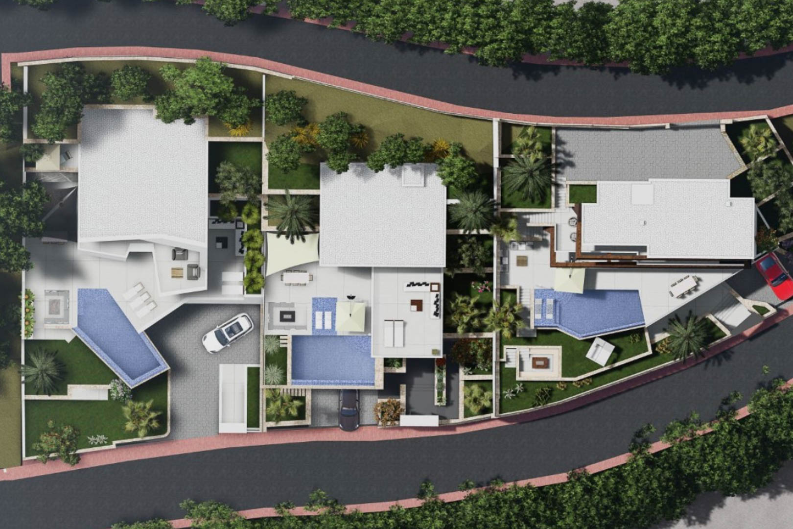 Bovenaanzicht van het project met de indeling van de villa's, overloopzwembaden, aangelegde tuinen en privéparkeerplaatsen op het perceel.