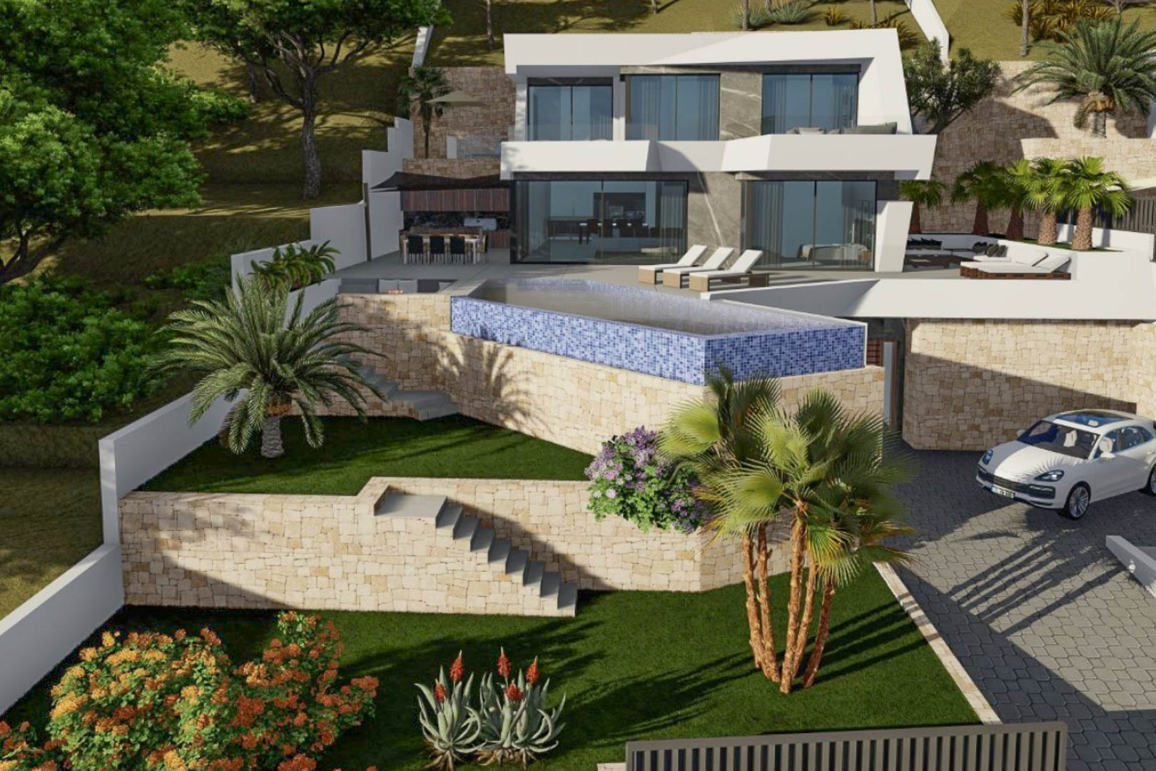 Buitenaanzicht van de moderne villa met witte geometrische architectuur, een blauw mozaïek infinity zwembad en natuurstenen muren in de terrasvormige tuin.