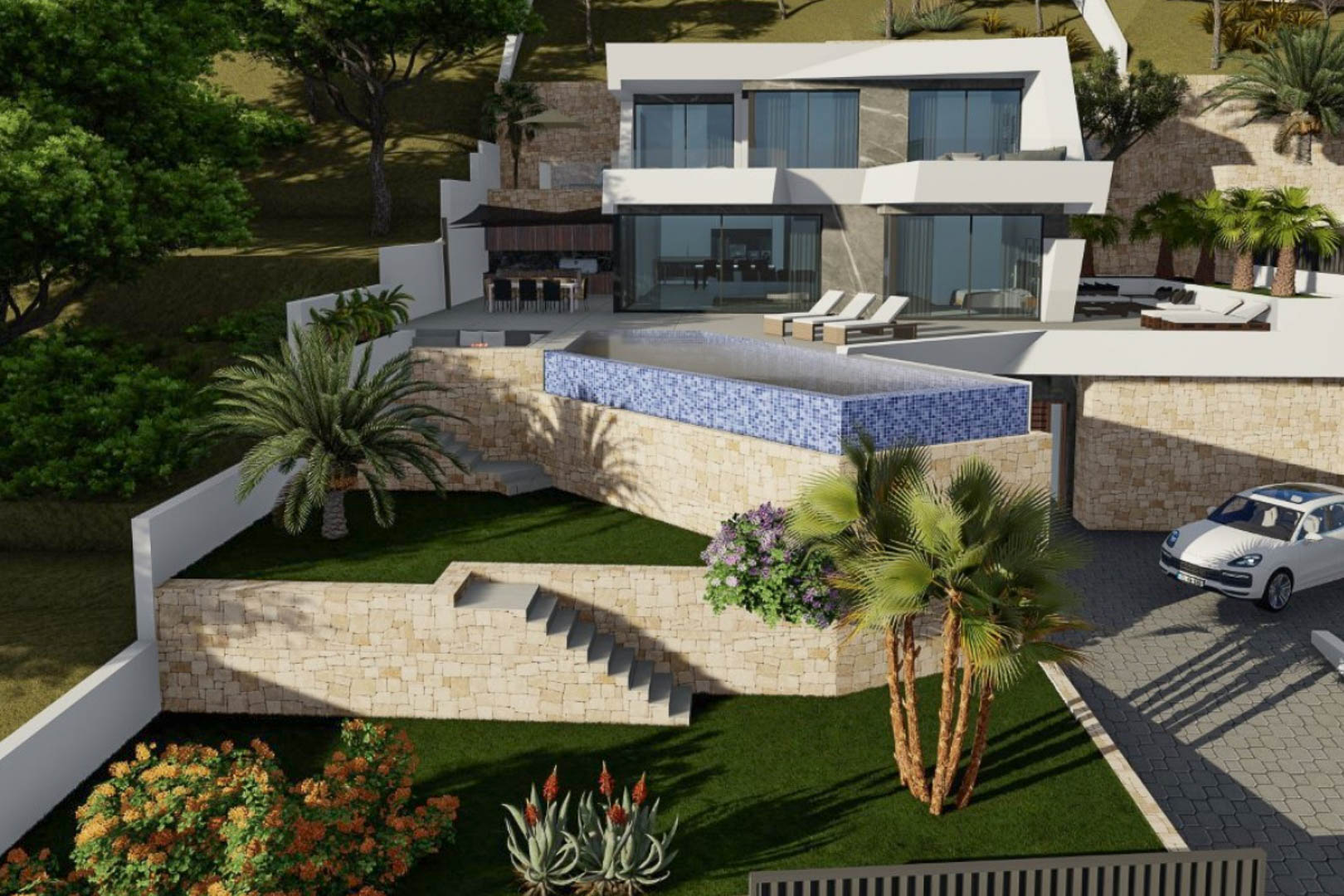 Buitenaanzicht van de villa met witte geometrische gevel, blauwe mozaïek infinity pool en natuurstenen muren geïntegreerd in een terrasvormige tuin met palmbomen.