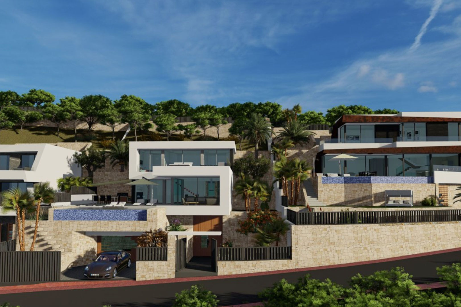 Exterieur van de moderne villa met architectuur op meerdere niveaus, natuurstenen muren, overloopzwembad en geïntegreerde garage op een terrasvormig perceel.
