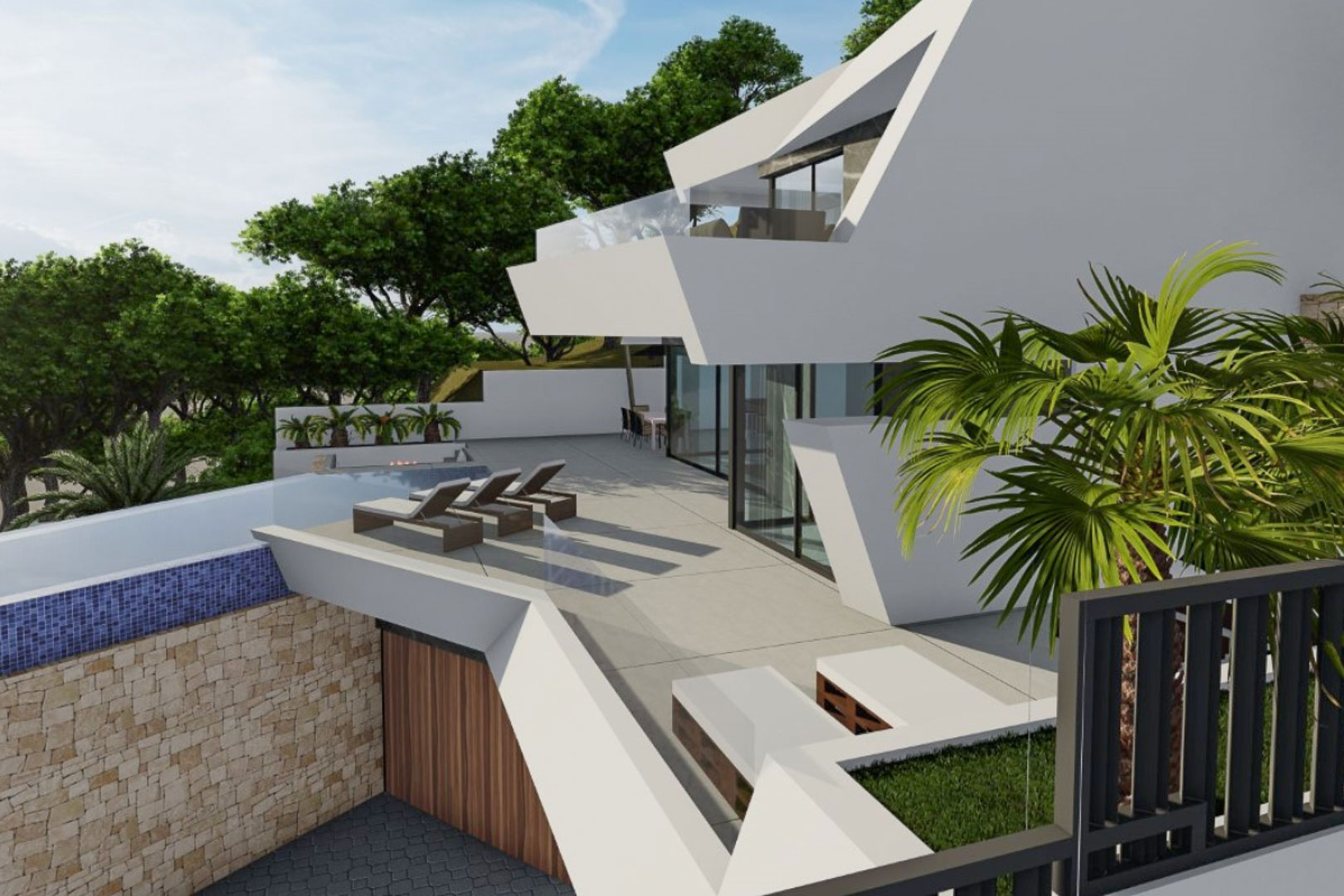 Exterieur van de villa met geometrische architectuur, een ruim betegeld terras met ligbedden en een overloopzwembad met een wand van natuursteen.