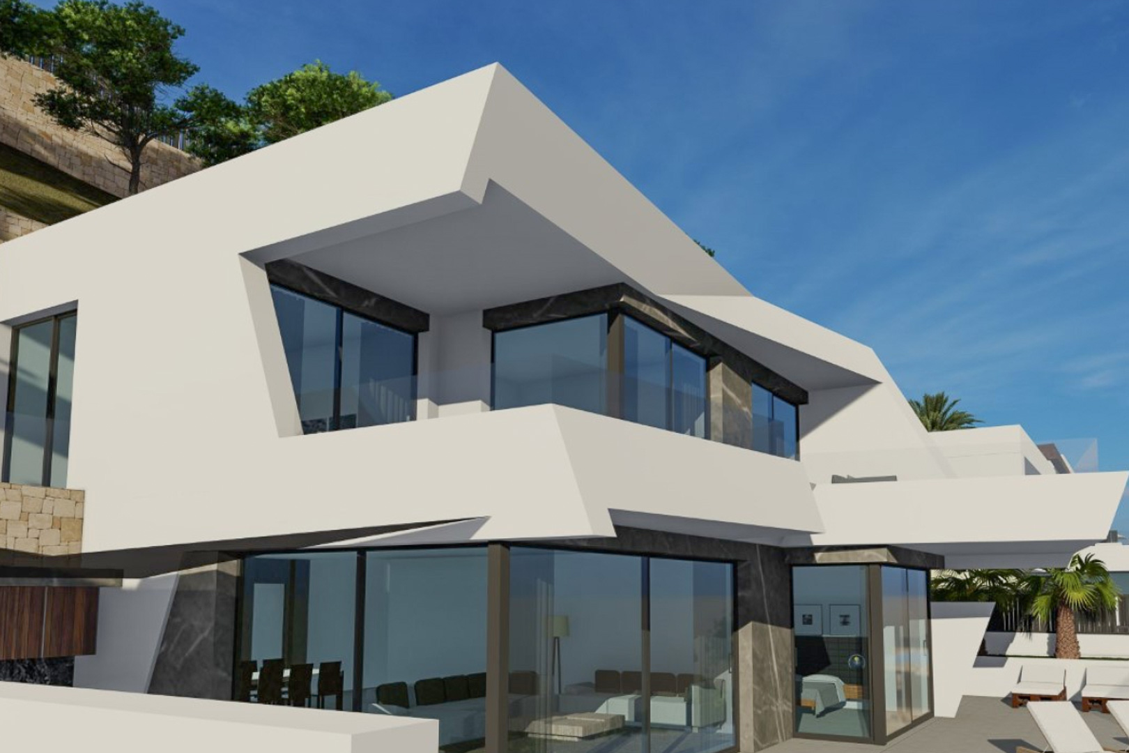 Geometrische gevel met kamerhoge glaspartijen, grijze natuursteenaccenten en uitkragende terrassen die binnen en buiten harmonieus verbinden.