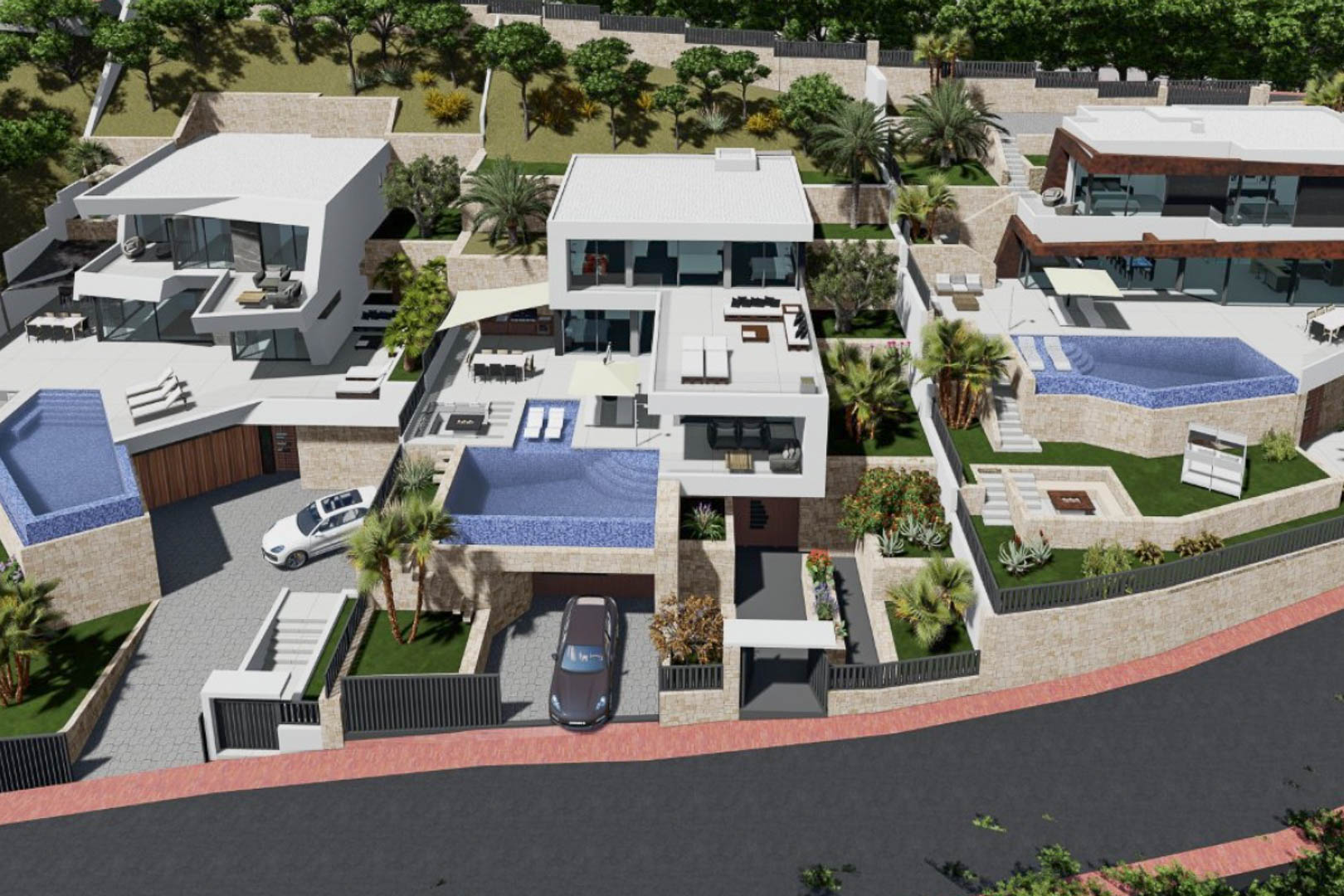 Luchtfoto van de moderne villa met witte geometrische architectuur, een geïntegreerd overloopzwembad en terrassen op verschillende niveaus tegen natuurstenen muren.