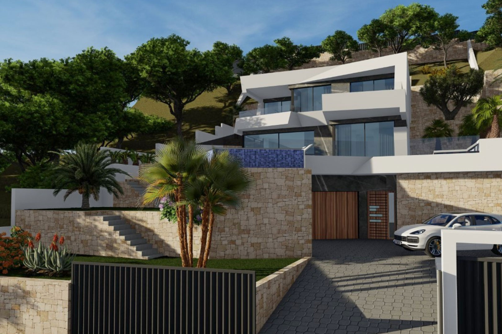 Modern exterieur met meerdere niveaus, witte geometrische vormen, natuurstenen muren, een geplaveide oprit en terrasvormige tuinen met palmbomen.
