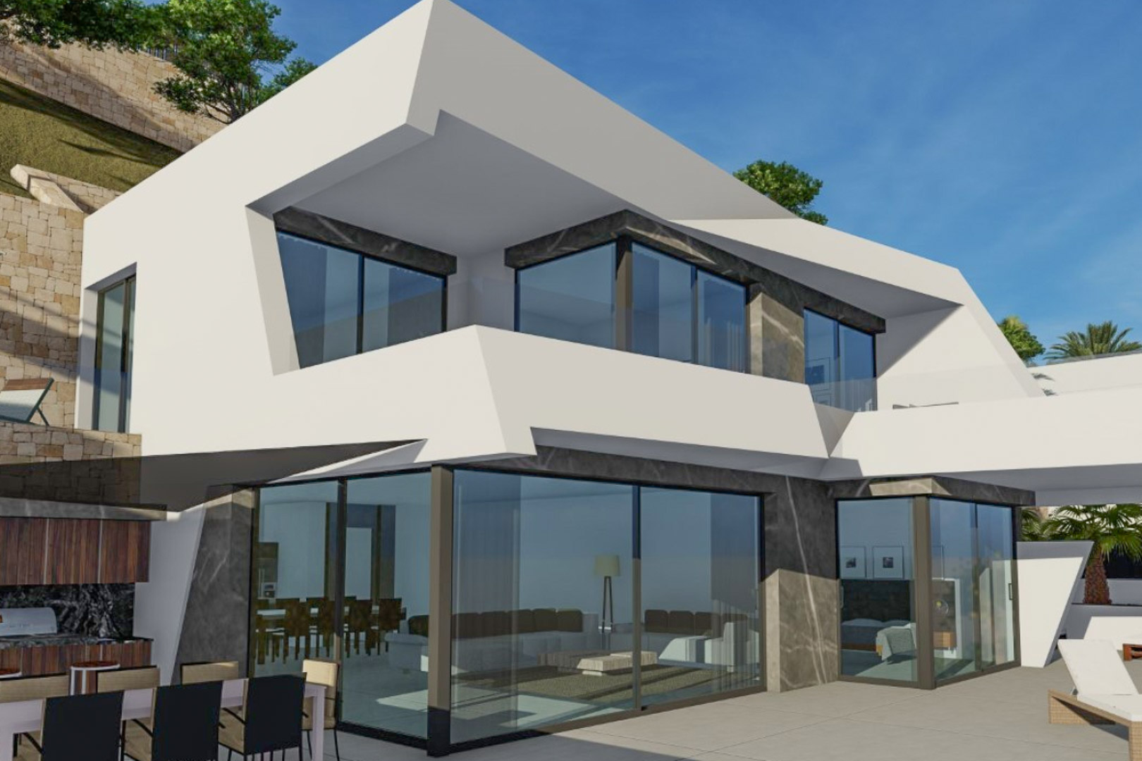 Moderne gevel met witte geometrische vormen en donkere natuurstenen accenten. Grote glaspartijen verbinden de leefruimtes met het terras voorzien van een buitenkeuken en eethoek.