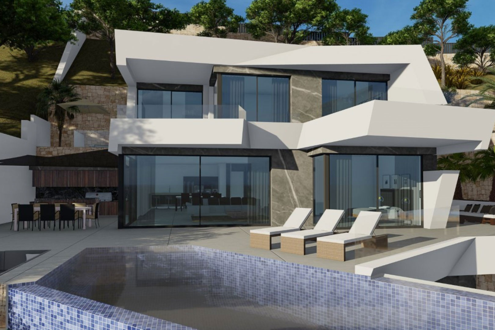 Moderne villa met witte geometrische vormen en natuurstenen details, terras met blauw mozaïekzwembad, buiten-eethoek en ligbedden voor grote glazen schuifpui.