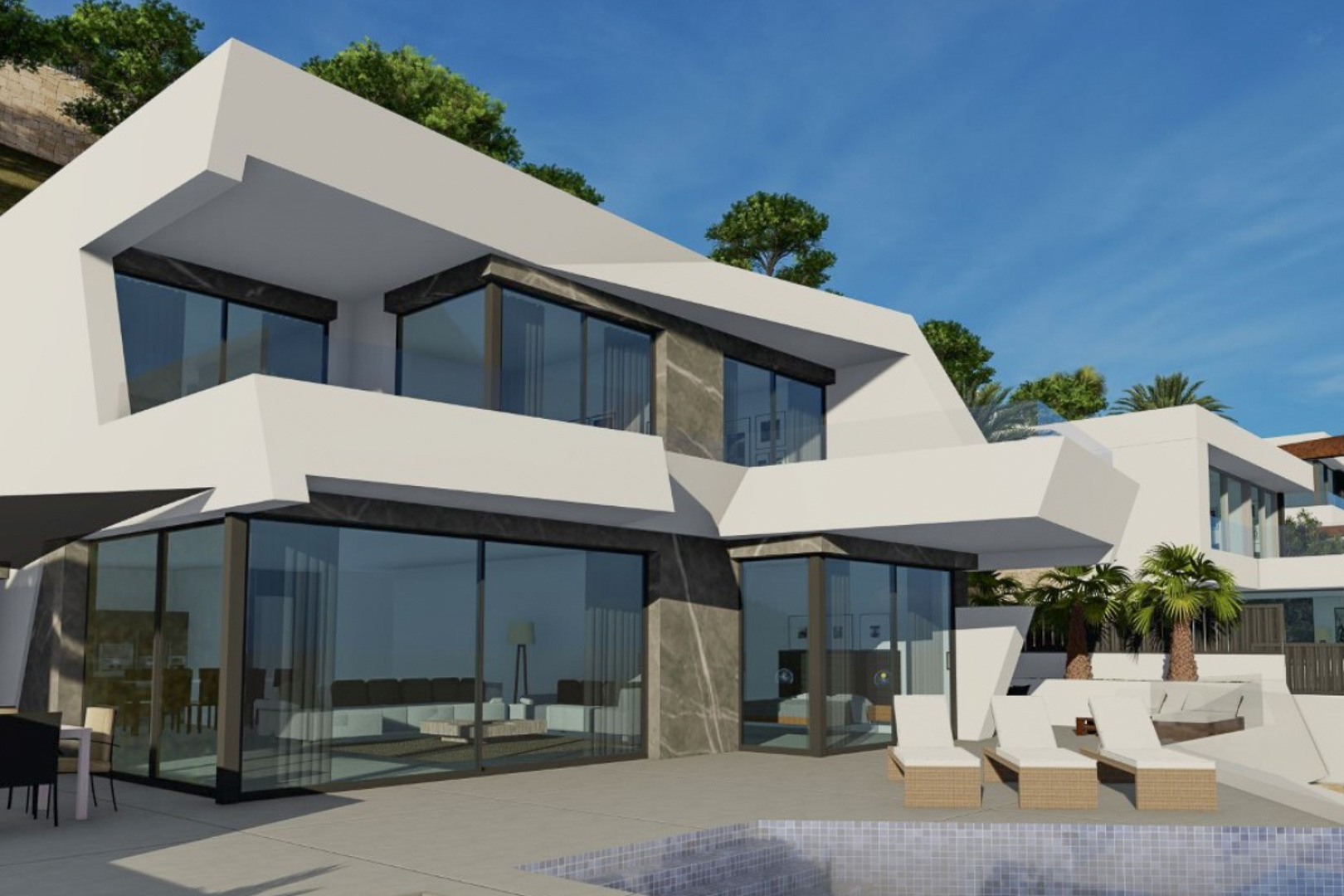 Moderne villa met witte geometrische vormen, natuurstenen accenten, grote raampartijen en een ruim terras met zwembad en ligbedden.