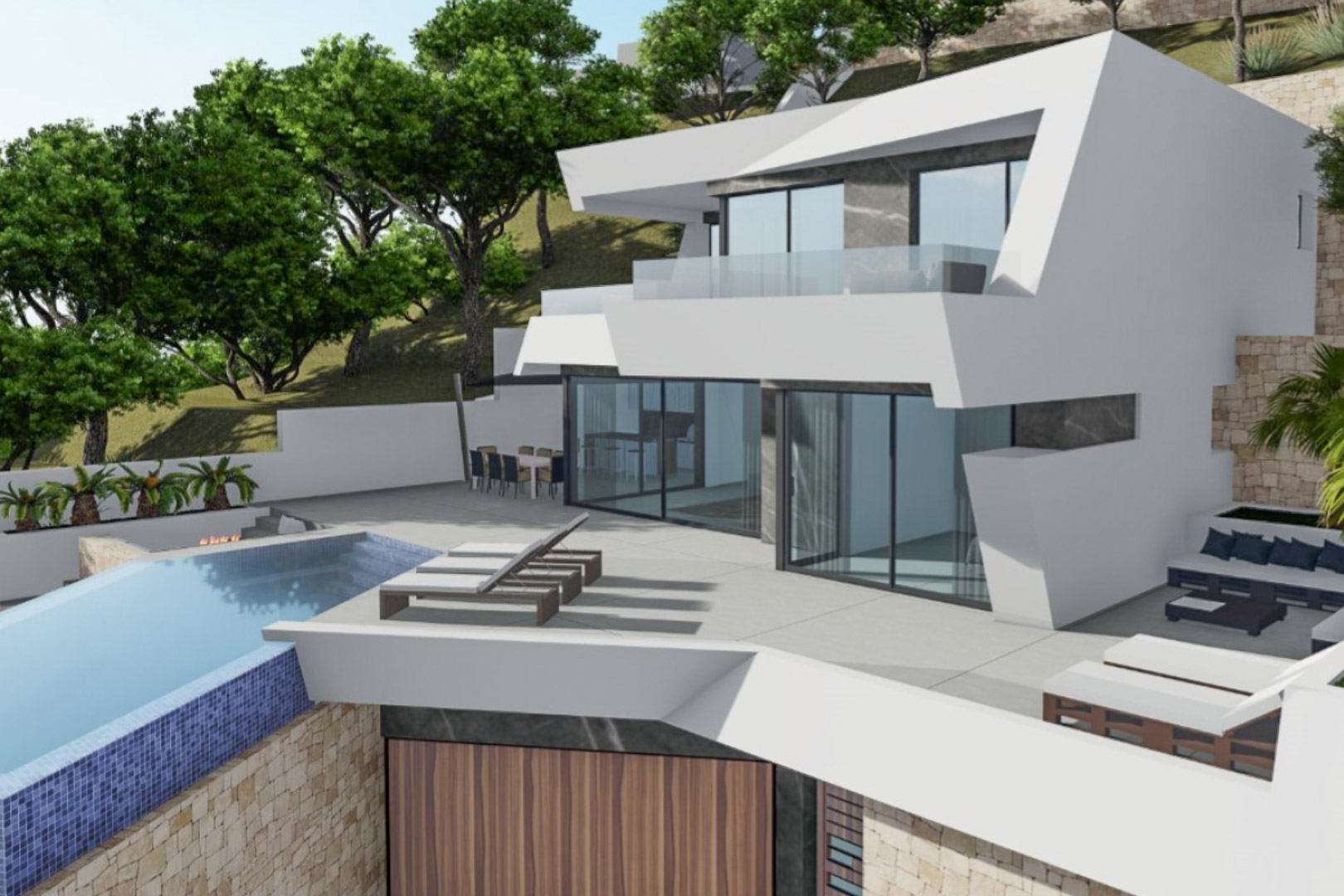 Moderne witte villa met geometrische vormen, overloopzwembad met blauwe mozaïektegels en ruime terrassen met natuurstenen details en diverse zithoeken.