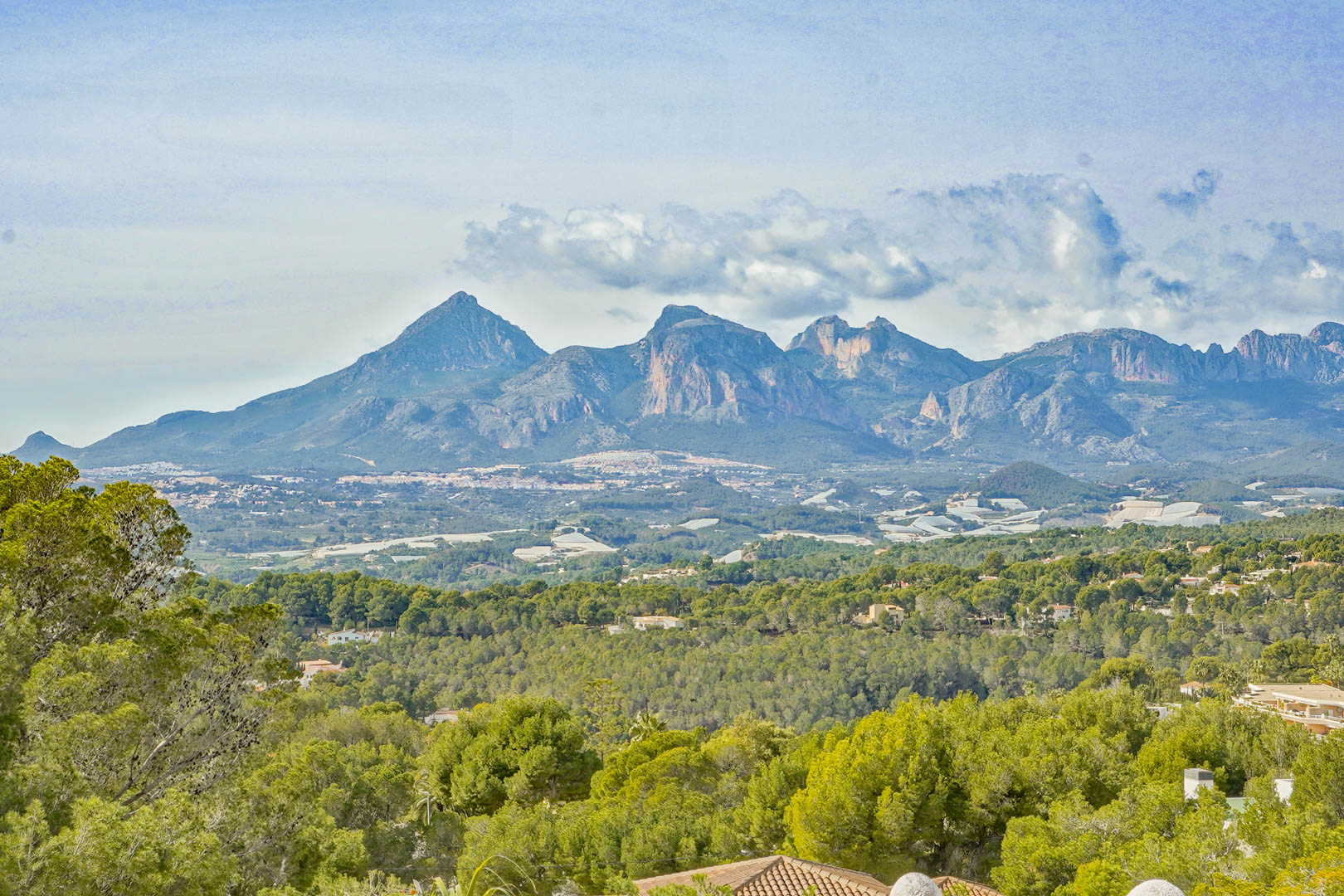 Panoramisch uitzicht op de bergketens Puig Campana en Sierra Aitana, uitkijkend over een dicht dennenbos en het omliggende mediterrane landschap.