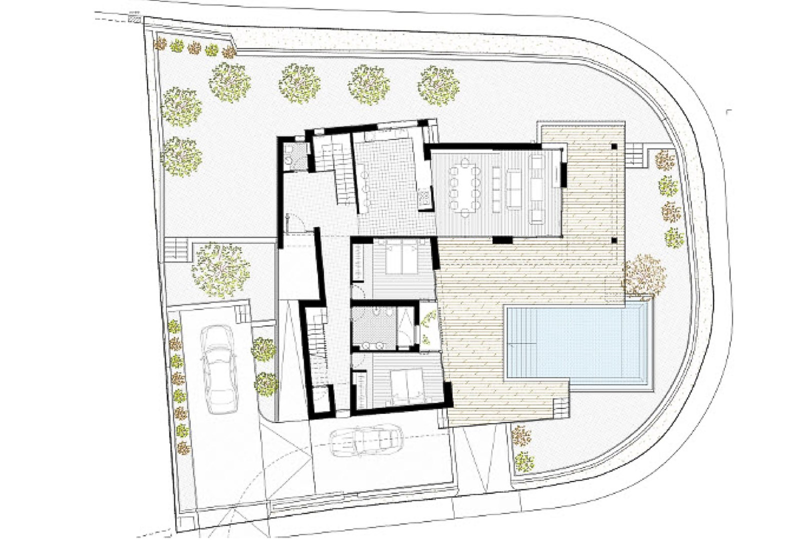Gedetailleerde architectuurplattegrond van de villa, met interieurindeling, zwembad en mediterrane tuin.