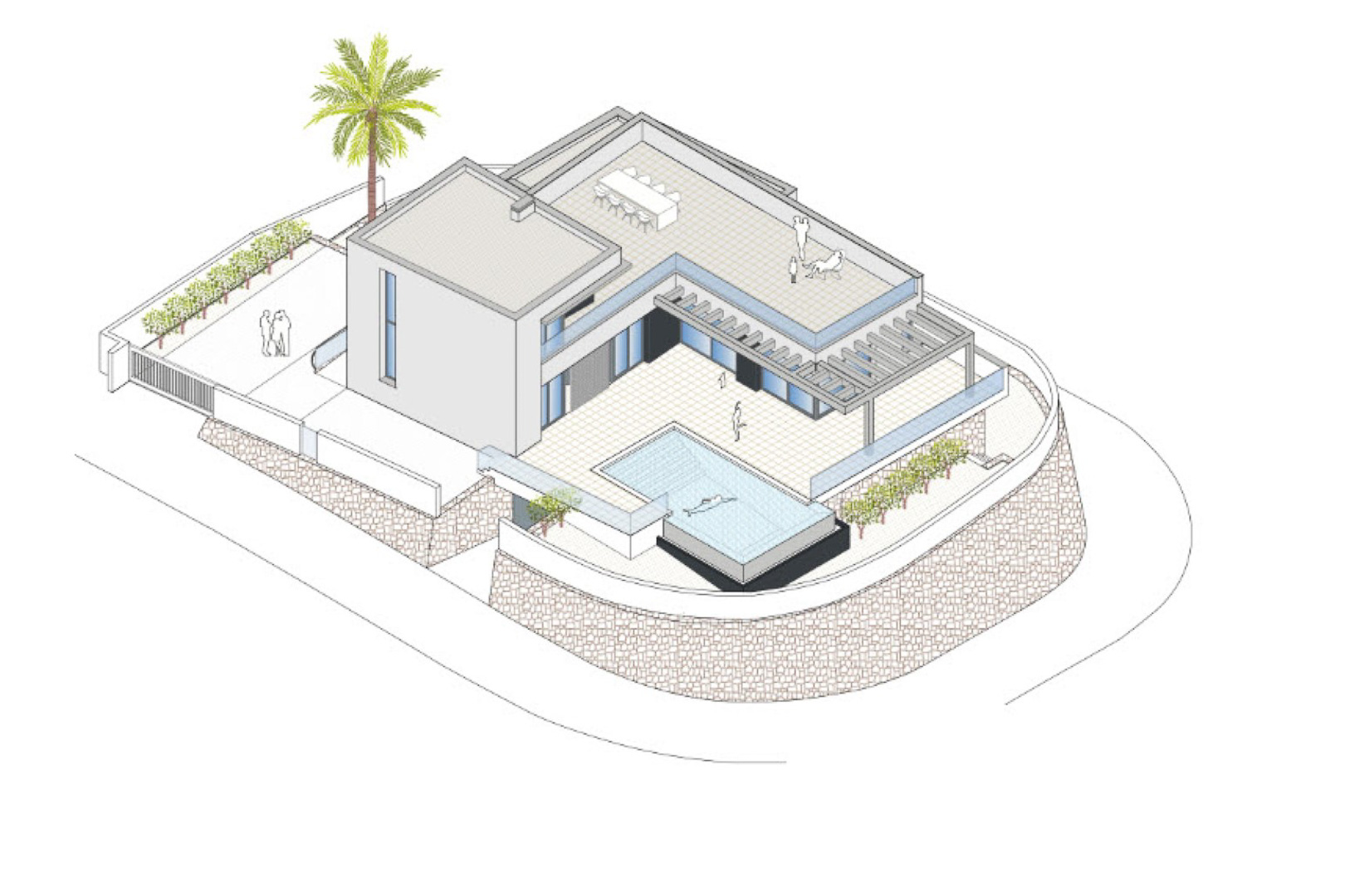 Isometrisch aanzicht van de villa met privézwembad, dakterras en mediterrane tuin.