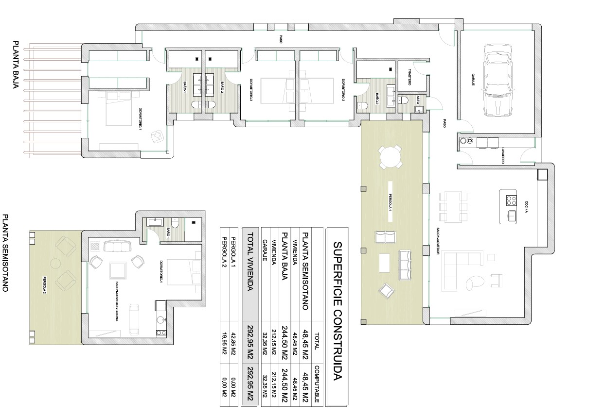 Gedetailleerde architectonische plattegrond van de begane grond en het souterrain, inclusief een tabel met de totale bebouwde oppervlaktes.