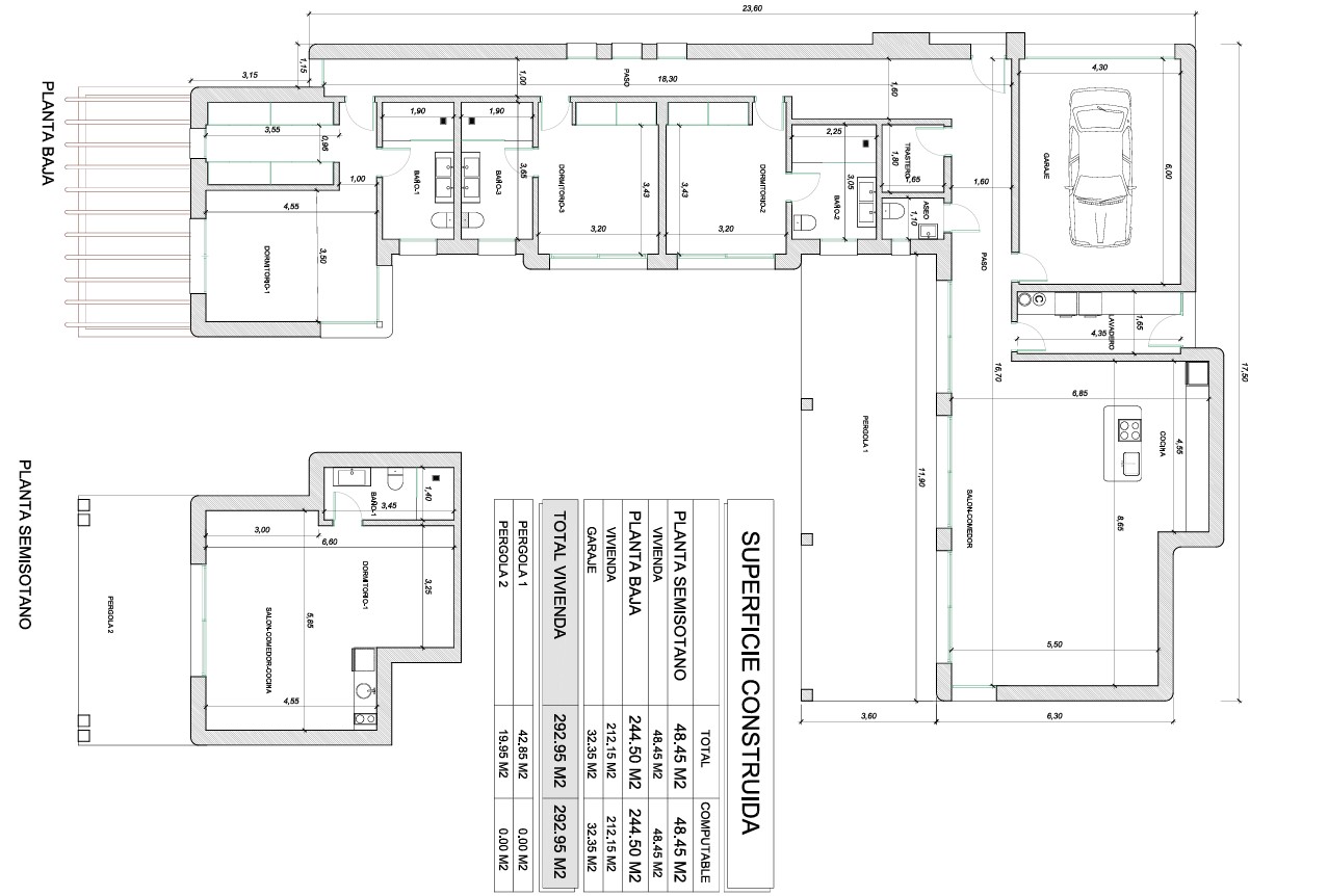 Gedetailleerde architecturale plattegrond van de begane grond met drie slaapkamers en-suite en het onafhankelijke appartement in het souterrain, totaal 292 m².