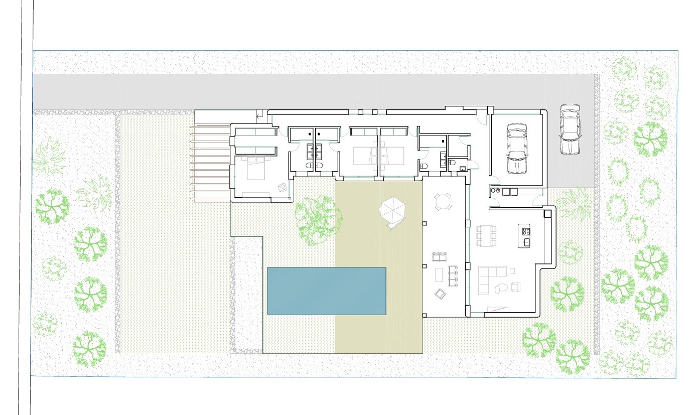 Gedetailleerde architecturale plattegrond van de hoofdverdieping met drie slaapkamers, open woonruimte, garage en het buitenterras met privézwembad.