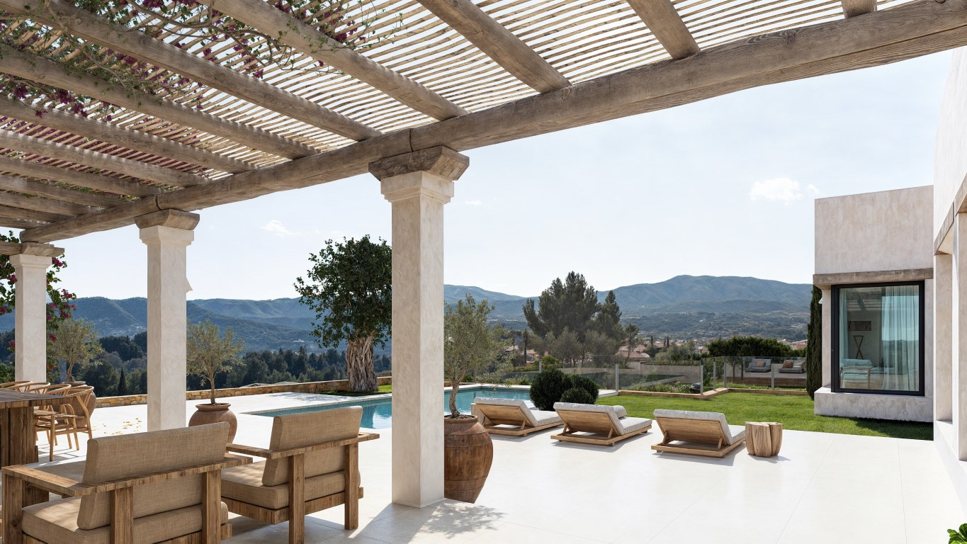 Ruim terras met een houten pergola, loungehoek en privézwembad met panoramisch uitzicht over de vallei en de omliggende bergen in Jávea.