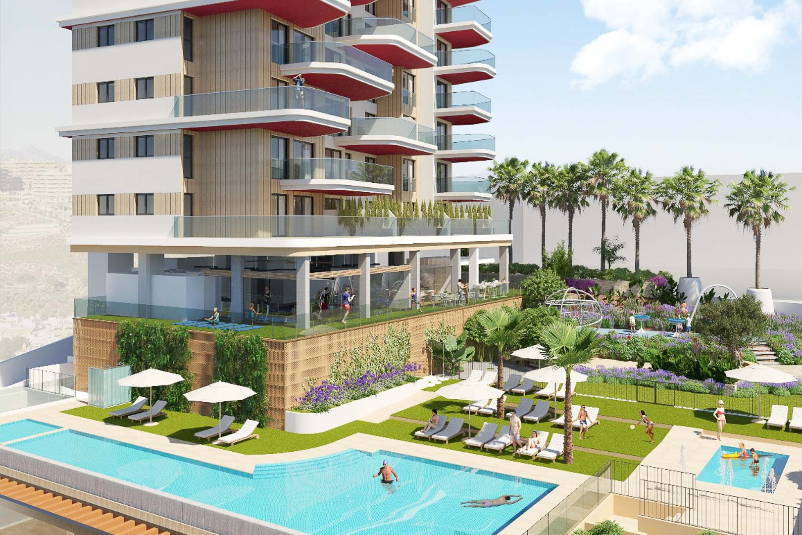 Buitenaanzicht van de gemeenschappelijke zones met wedstrijdbad, zonneterras, aangelegde tuinen en een glazen fitnessruimte onder moderne balkons.
