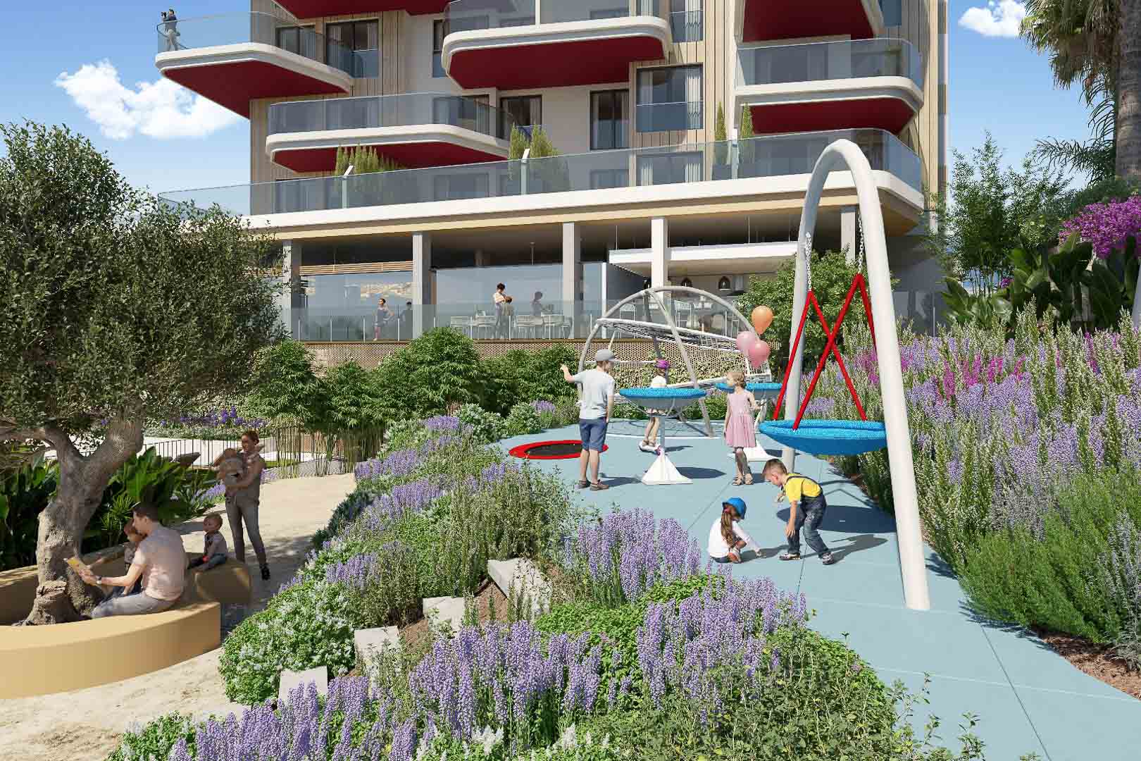 Kinderspeelplaats met blauwe veiligheidsvloer en moderne toestellen, omgeven door mediterrane beplanting en lavendel bij de eigentijdse gevel.