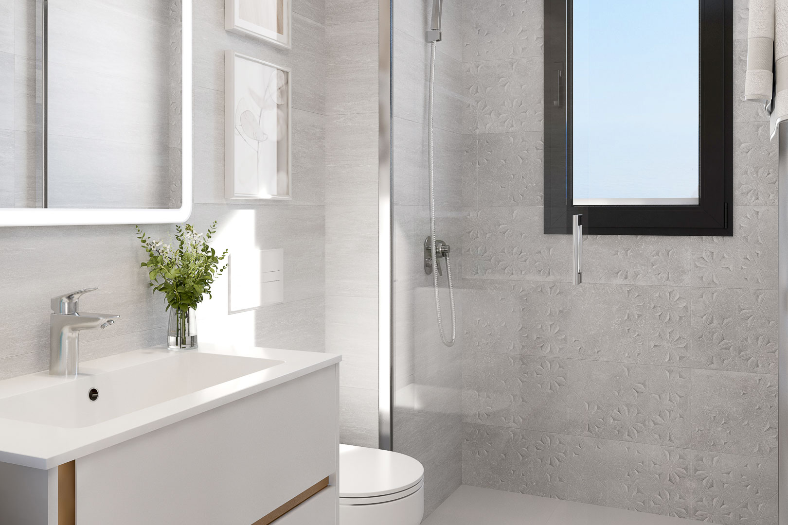 Moderne badkamer met wit wastafelmeubel, verlichte spiegel en glazen douchewand. Voorzien van grijze textuurtegels en een raam met zwart profiel voor optimaal natuurlijk licht.
