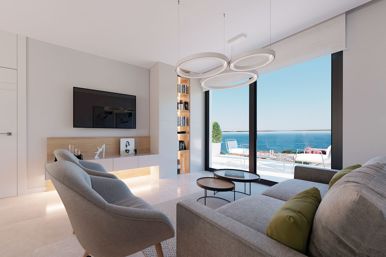 Moderne woonkamer met porseleinen vloertegels, geïntegreerde LED-verlichting en kamerhoge ramen die uitkijken op het terras met panoramisch uitzicht op de Middellandse Zee.
