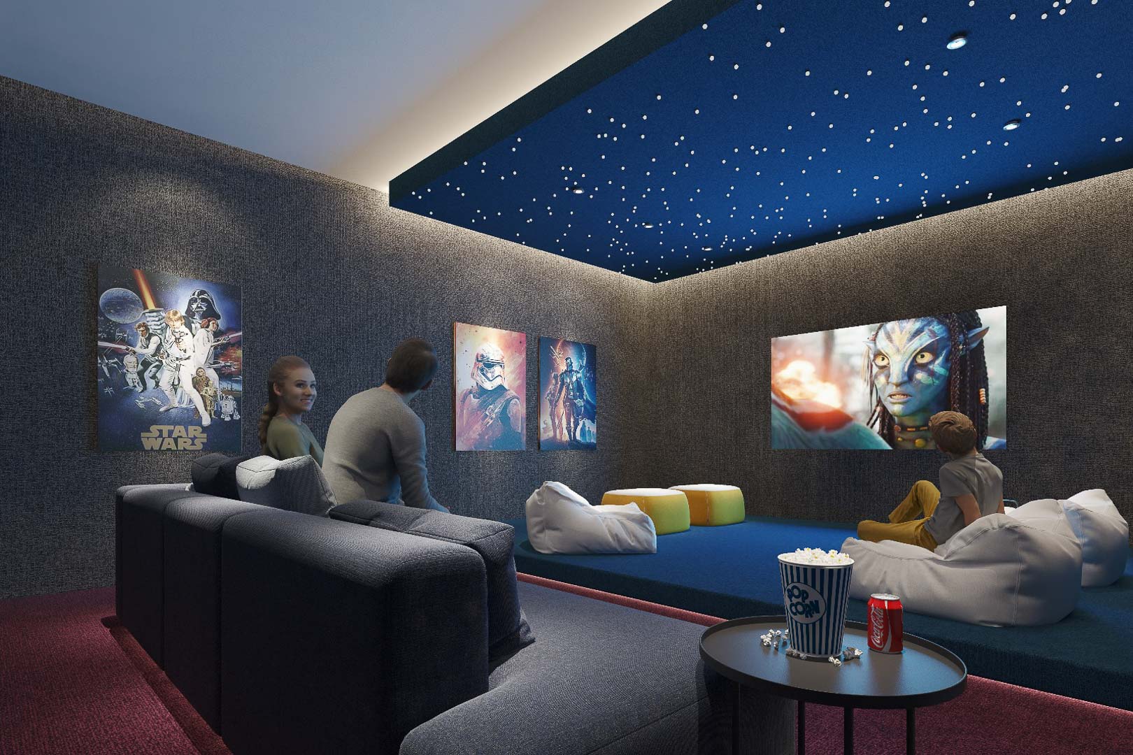 Privébioscoop met akoestische wandpanelen, een sterrenhemelplafond en een groot projectiescherm voor een meeslepende filmervaring in het complex.