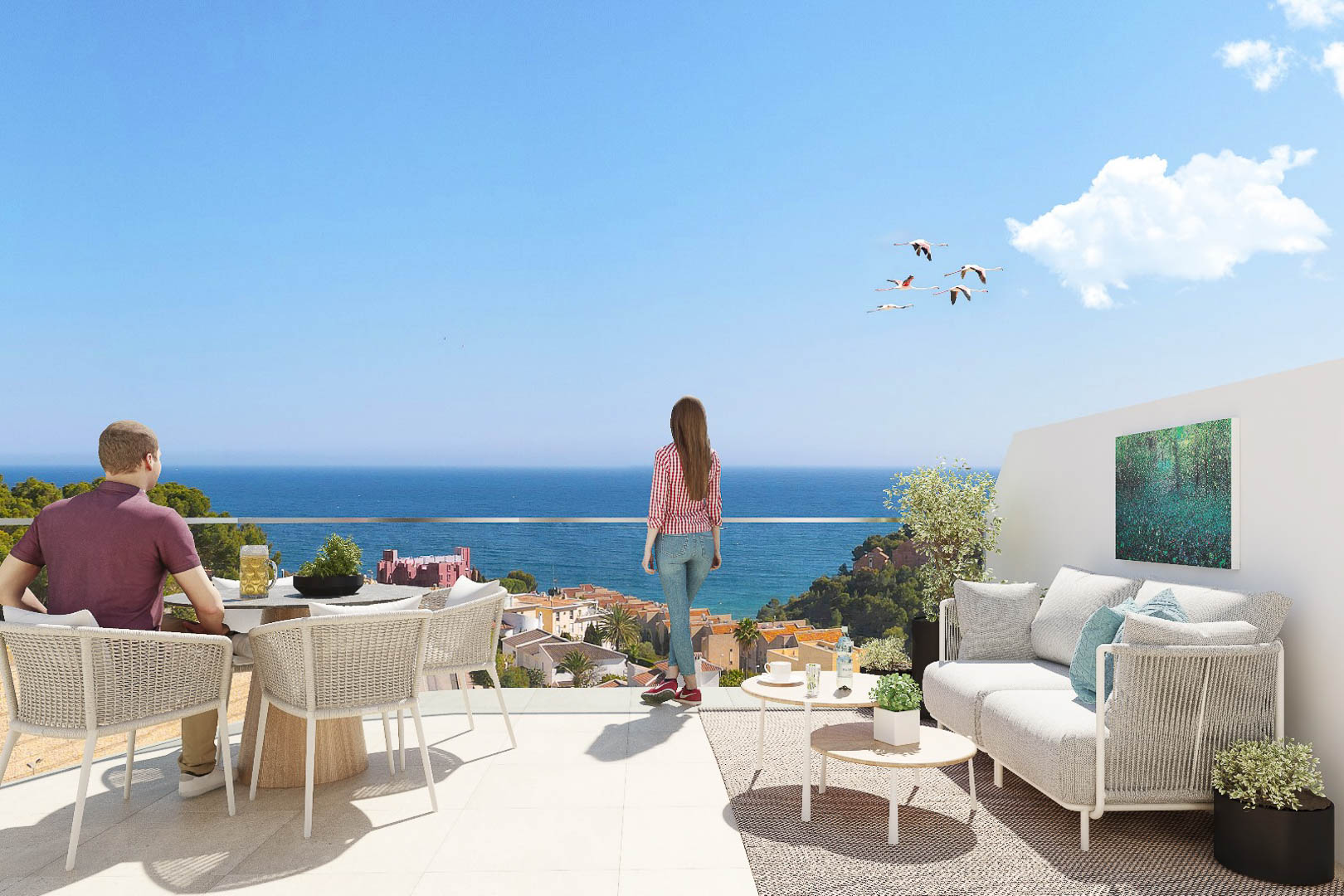 Privéterras met glazen balustrade, eethoek buiten en zithoek. Het biedt panoramisch uitzicht op de Middellandse Zee en het kustlandschap van Calpe.