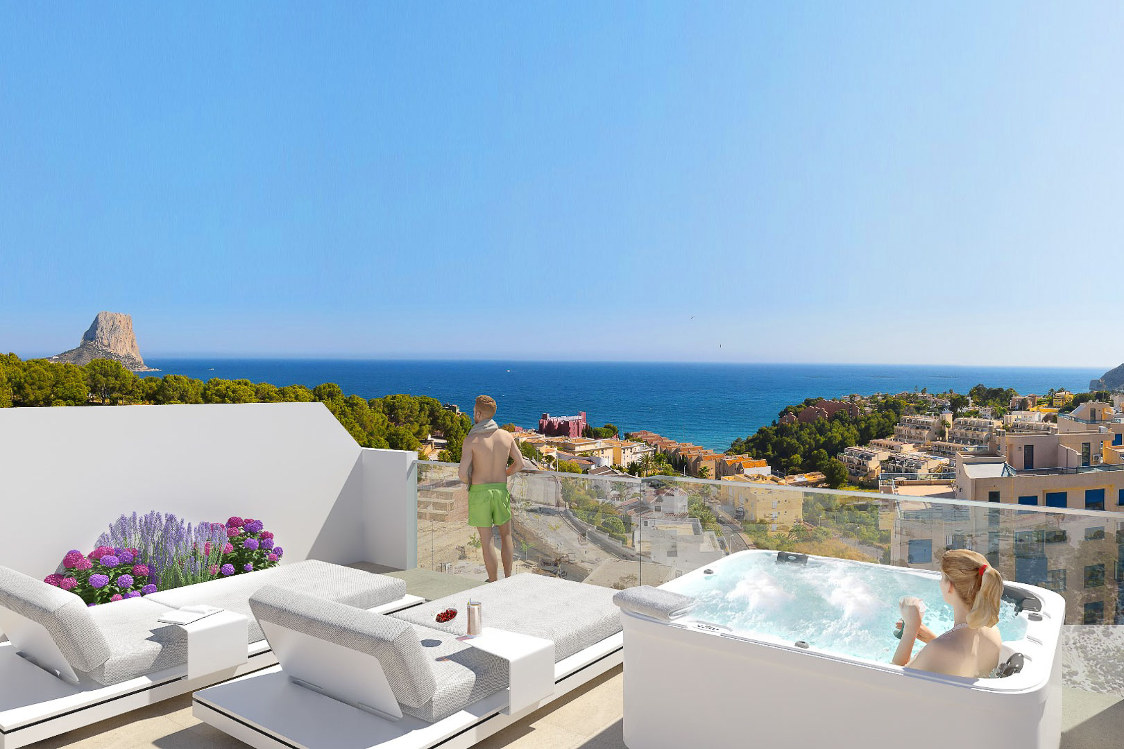 Privéterras met jacuzzi, moderne ligbedden en glazen balustrade met panoramisch uitzicht op de Middellandse Zee en de Peñón de Ifach in Calpe.