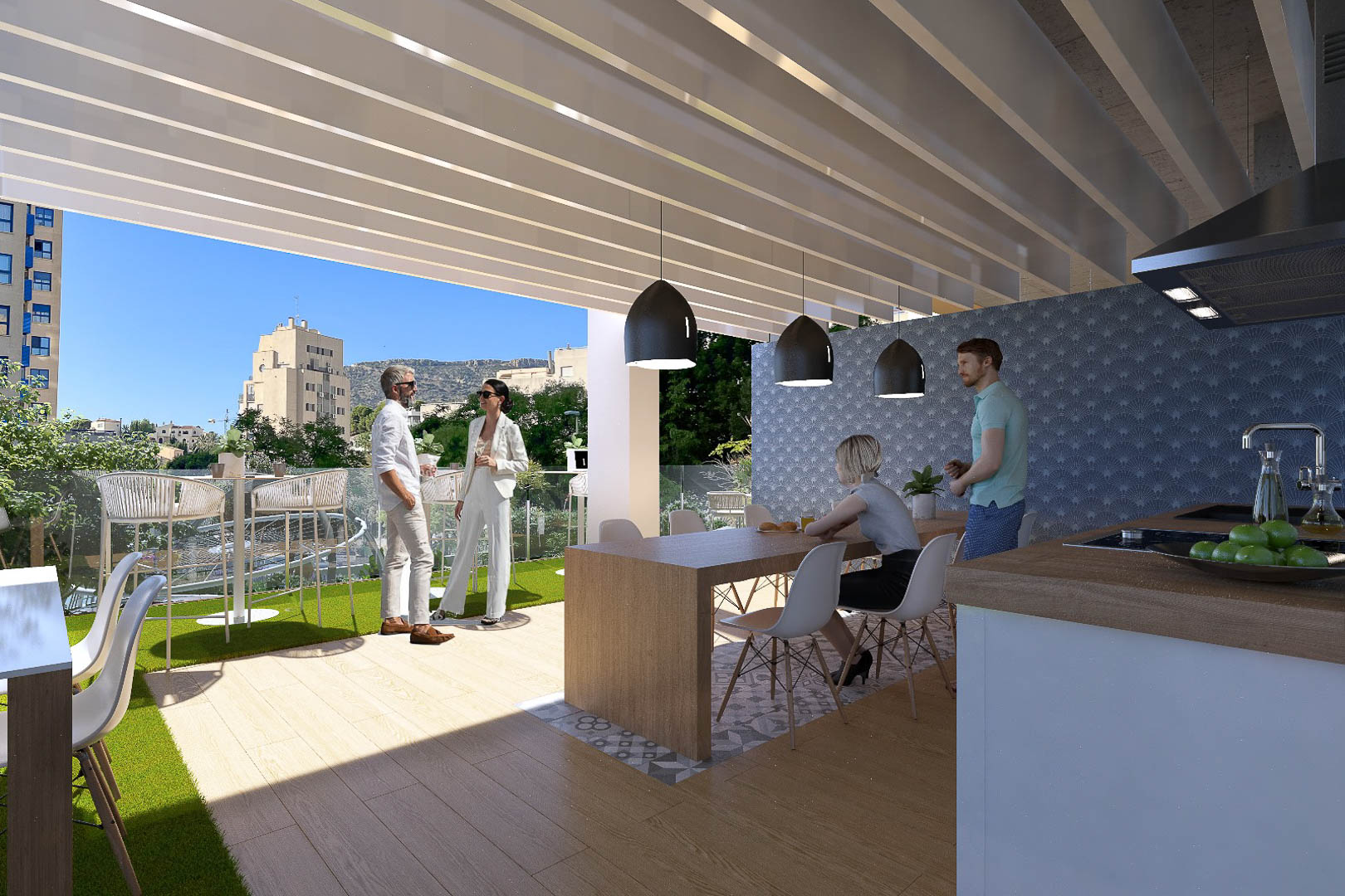Ruim sociaal terras met buitenkeuken, witte lamellenoverkapping, houten eettafel en kunstgrasveld met uitzicht op de stad Calpe.