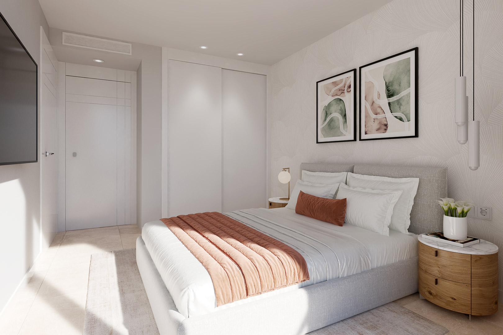 Slaapkamer met witte inbouwkasten, behang met natuurlijke motieven en een tegelvloer. Voorzien van hoge gelakte deuren en geïntegreerde plafondverlichting.