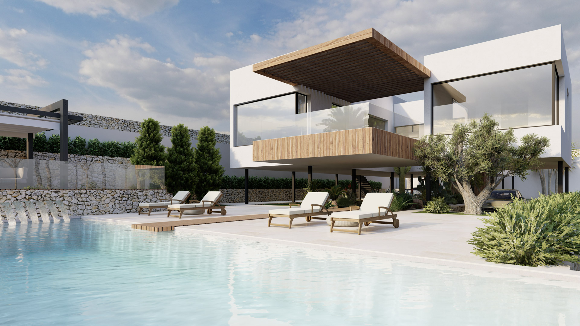 Buitenaanzicht van het zwembad met licht stenen terras, design ligbedden en een minimalistische gevel die houten overstekken combineert met traditioneel metselwerk.