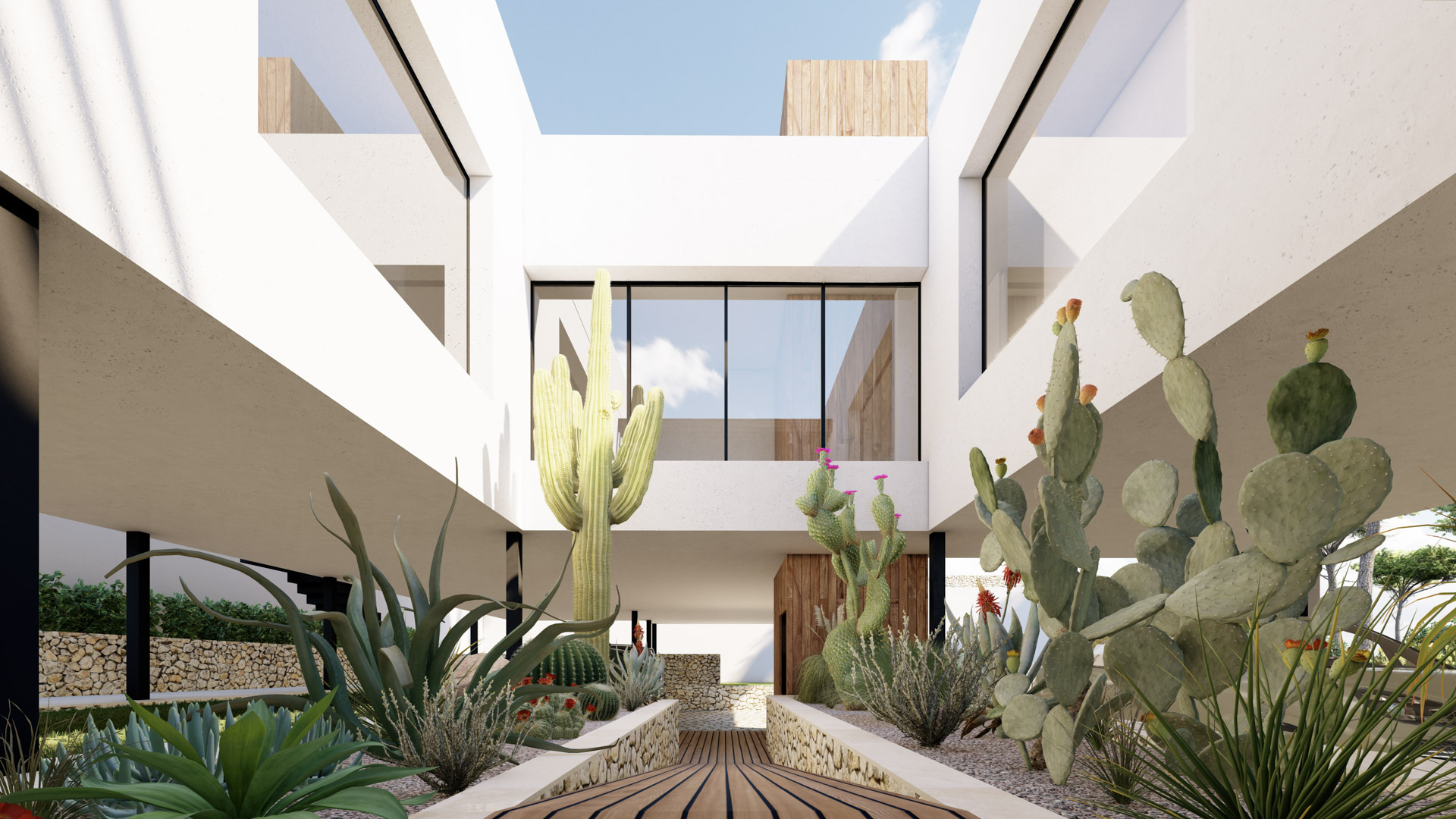 Entree met houten loopbrug en geïntegreerde cactustuin, die de minimalistische witte architectuur en natuurstenen muren onder uitkragende volumes accentueert.