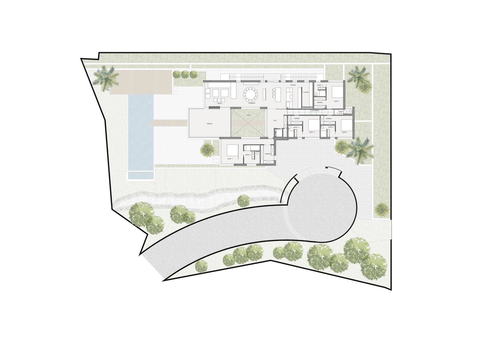 Gedetailleerde architecturale plattegrond van de villa met vier suites, open leefruimtes, een centrale patio, buitenzwembad en aangelegde tuin.