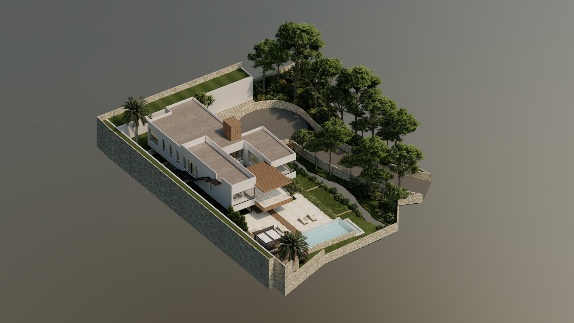 Isometrische 3D-weergave van het project met de moderne villa, het zwembad, de terrassen en de volgroeide tuin binnen de stenen perceelgrenzen.