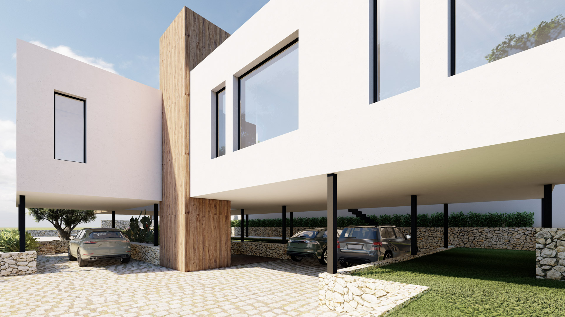 Moderne gevel met een uitkragende bovenverdieping die een ruime overdekte parkeerplaats vormt. Voorzien van verticale houten bekleding, natuurstenen muren en grote raampartijen.