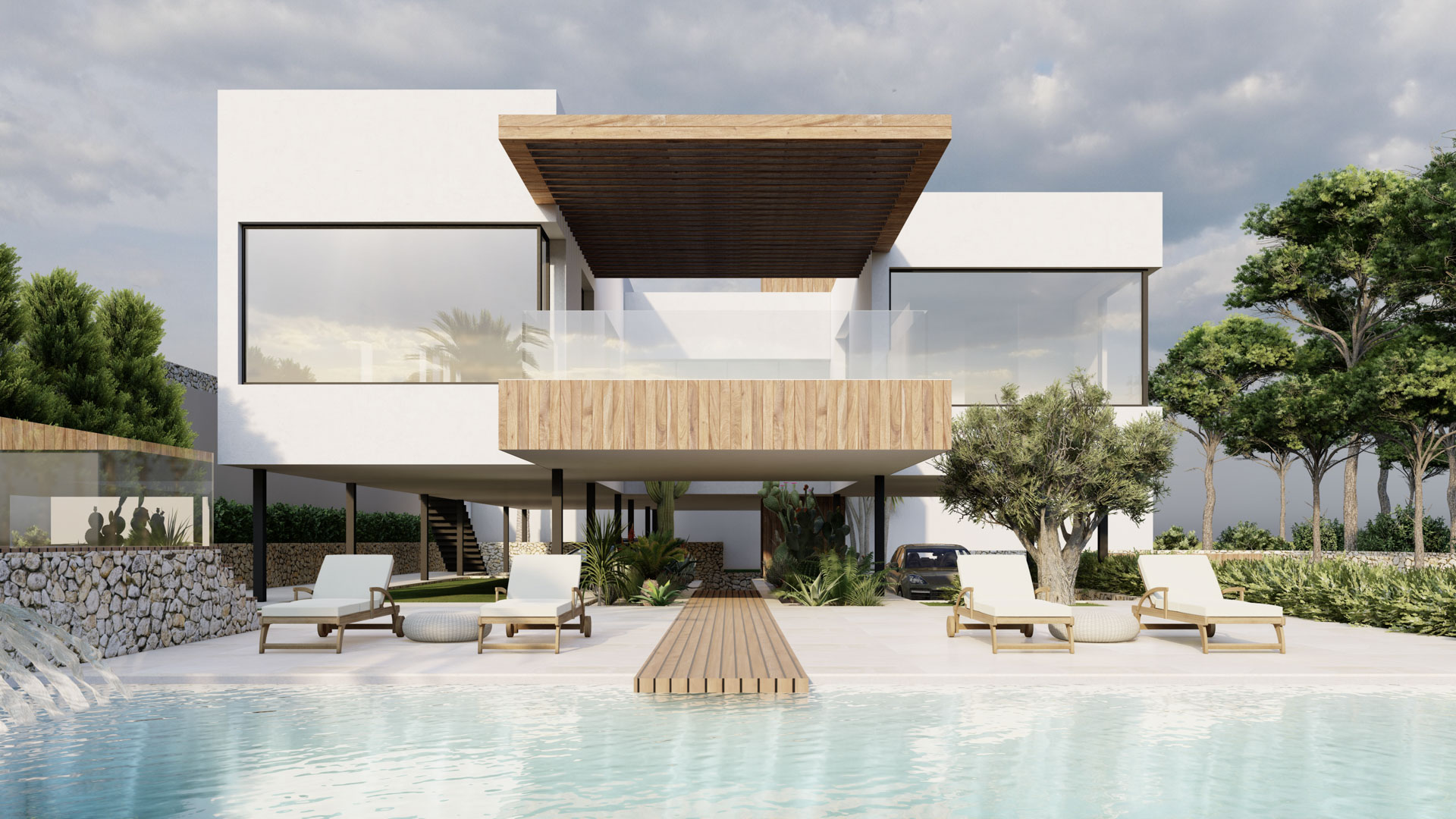 Moderne villa met houten accenten, grote raampartijen en een zwembadterras voorzien van ligbedden, een houten looppad en mediterrane beplanting.