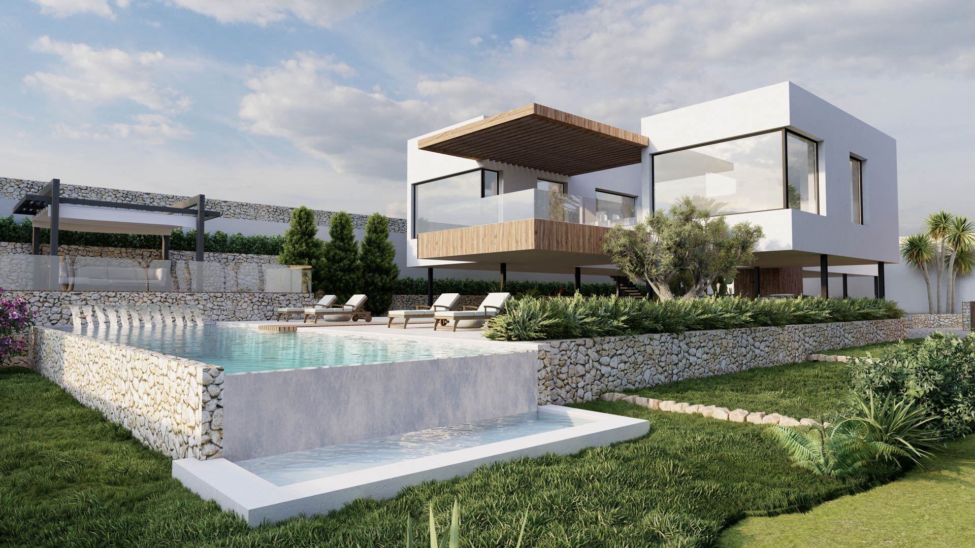Moderne villa met overloopzwembad in natuursteen, uitkragende houten terrassen en grote glaspartijen in een fraai aangelegde mediterrane tuin.