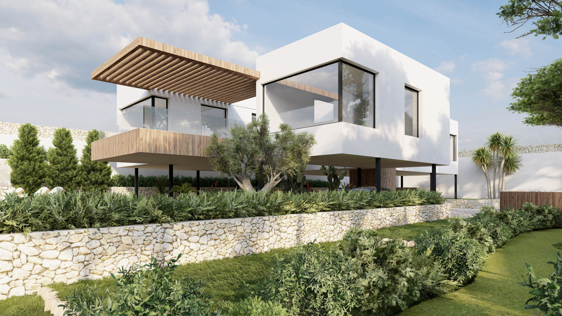 Moderne villa met uitkragende volumes, houten pergola's en glazen balustrades, omgeven door natuurstenen muren en een mediterrane tuin.