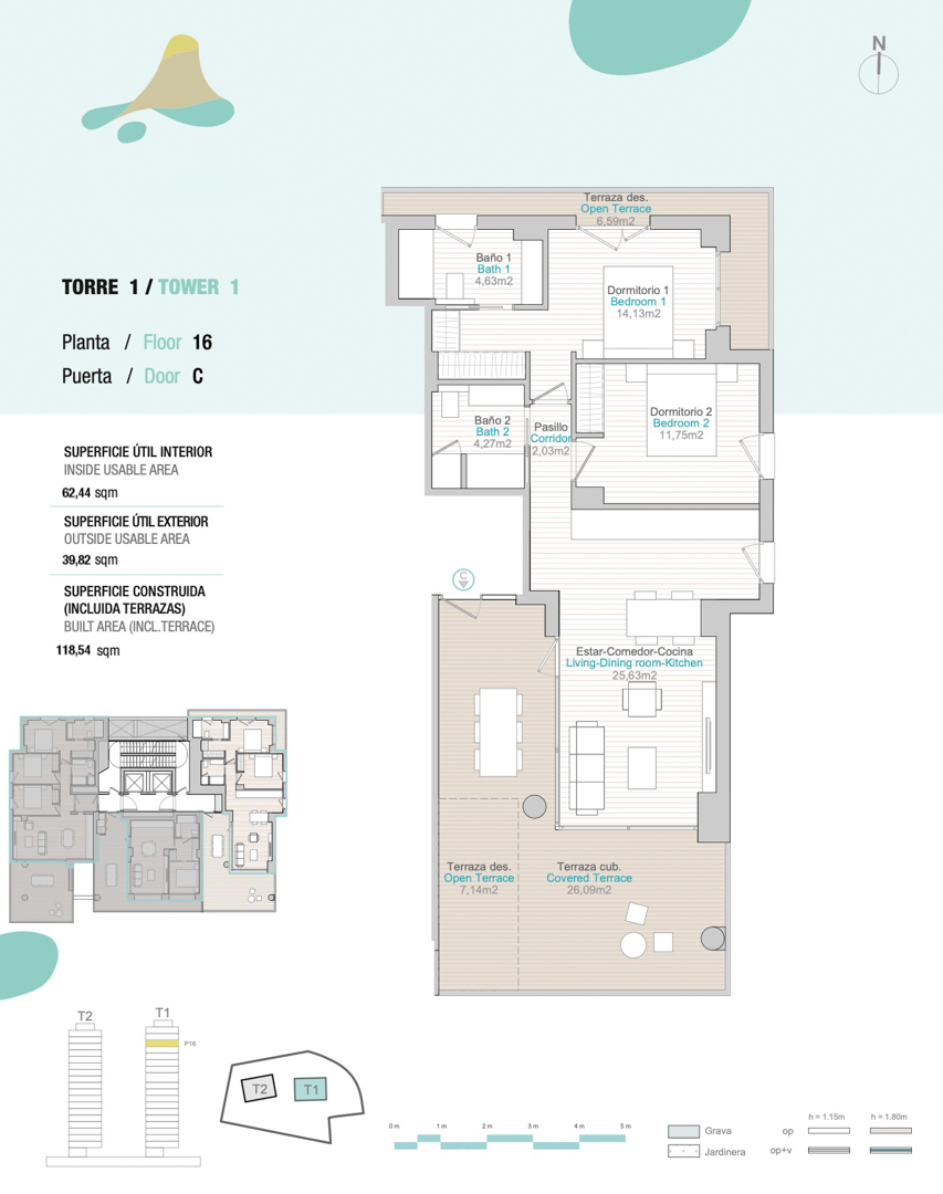 Gedetailleerde plattegrond van appartement C op de 16e verdieping van Toren 1, met twee slaapkamers, twee badkamers en een ruim overdekt terras van 26 m².