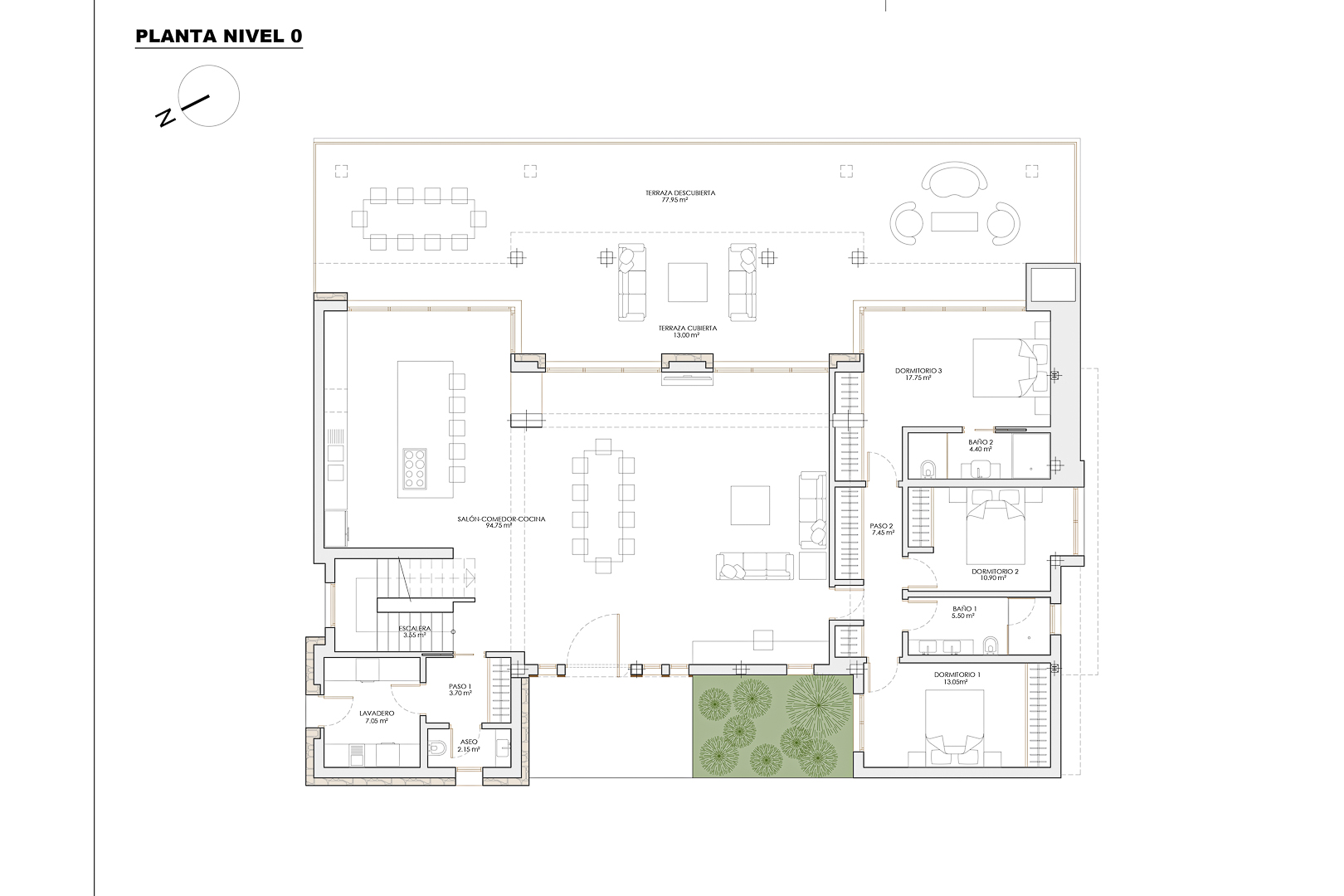 Gedetailleerde plattegrond van niveau 0 met een open woonruimte van 94 m², drie slaapkamers en een ruim terras van 77 m² met buitenlounge en eetgedeeltes.