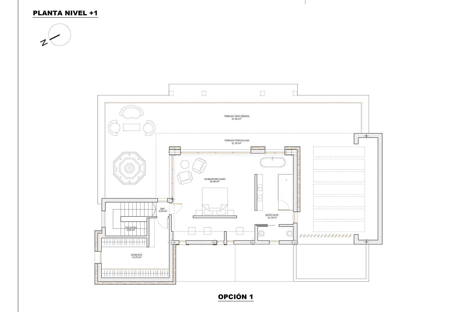 Gedetailleerde plattegrond van niveau +1 met een master suite, inloopkast, eigen badkamer en een ruim terras van 114 m² met zowel overdekte als open gedeeltes.