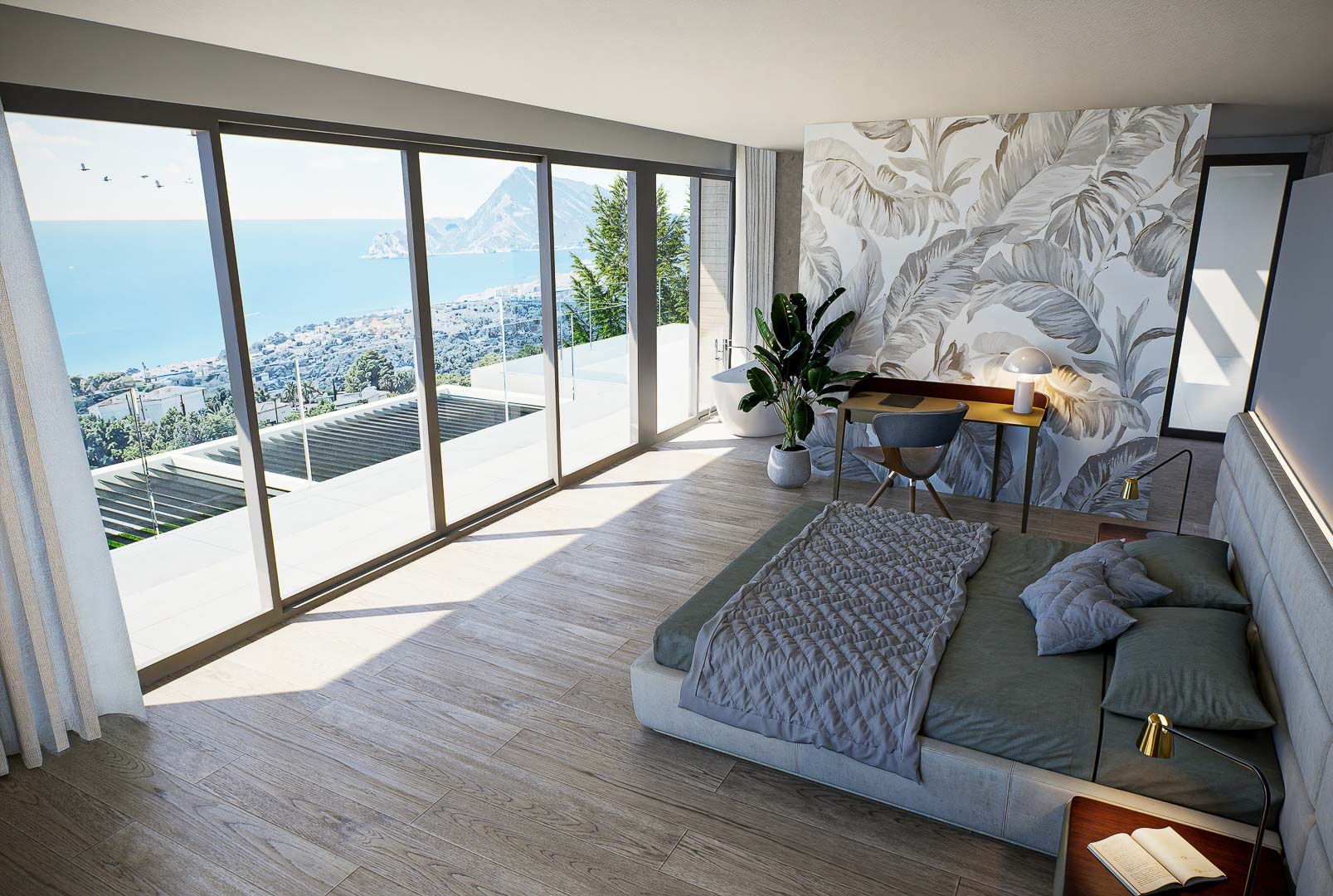 Hoofdslaapkamer met kamerhoge ramen, panoramisch uitzicht op zee, keramische parketvloer en een accentmuur met botanisch behang en werkplek.