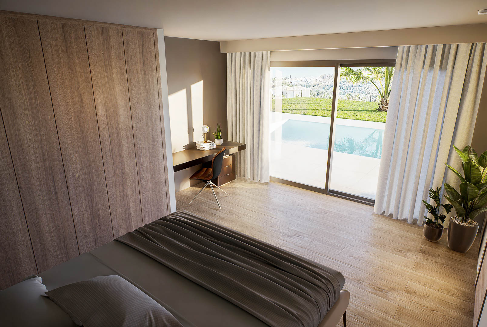 Lichte slaapkamer met ingebouwde houten kasten, een werkplek en directe toegang tot het zwembad via grote glazen schuifdeuren. Keramische vloer met houtlook.