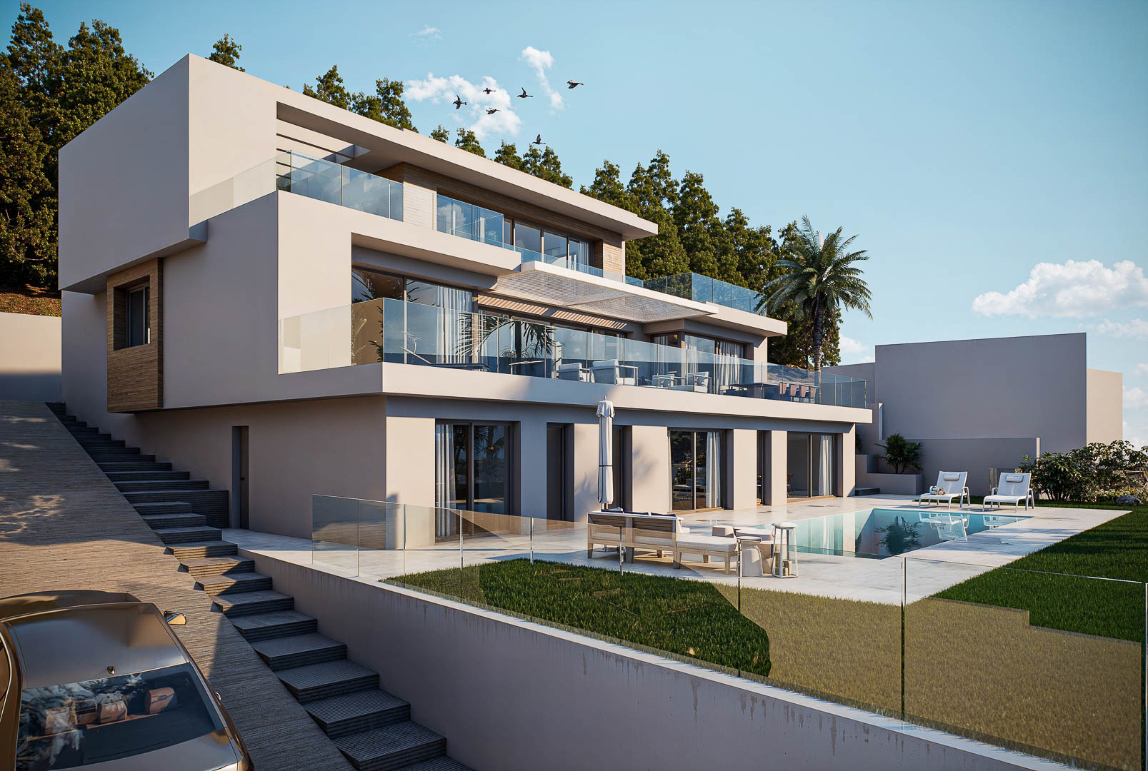 Moderne villa met drie verdiepingen, glazen balustrades op de terrassen en een zwembadgedeelte met porseleinen tegels en een strak aangelegd gazon.