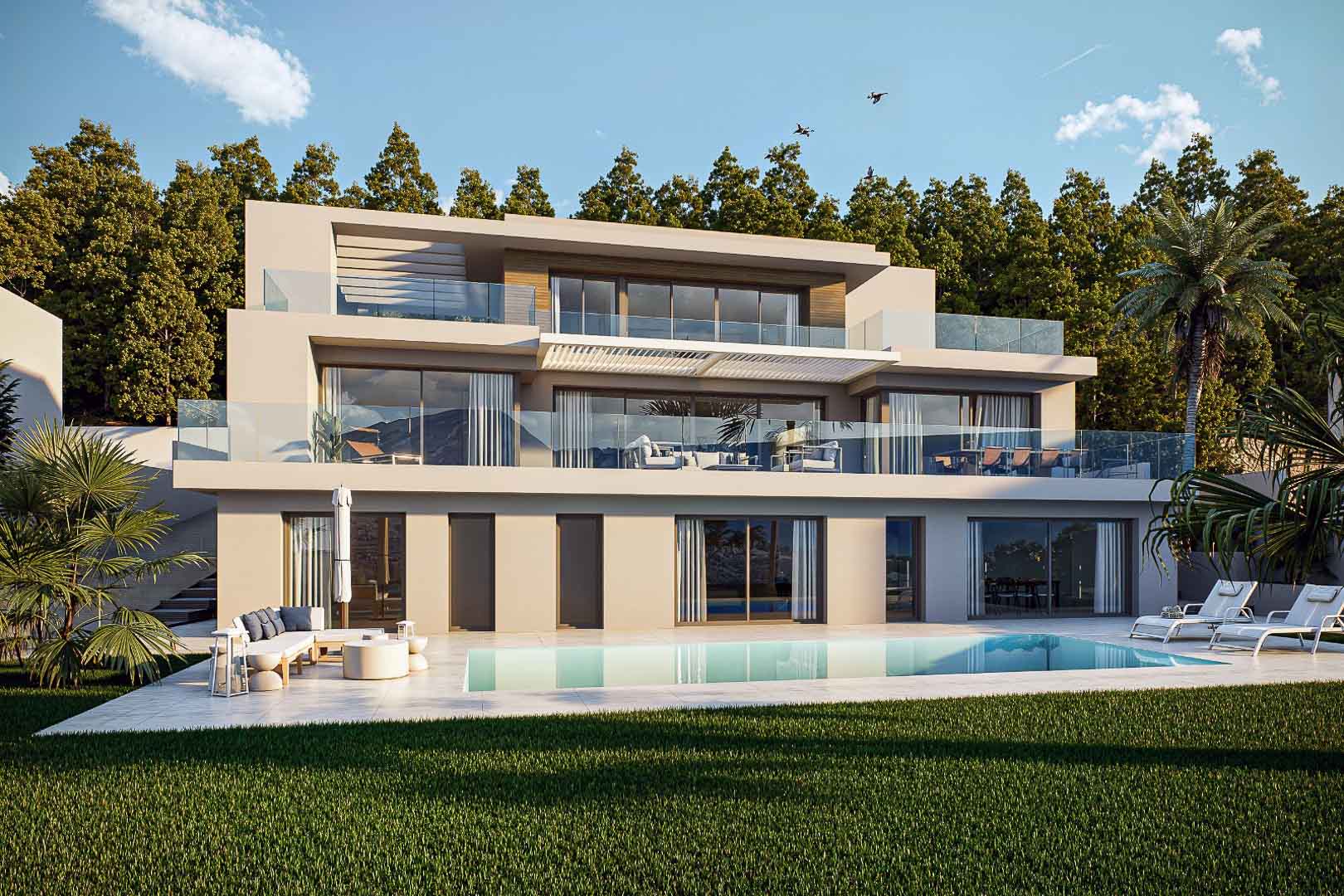 Moderne villa met drie verdiepingen, grote glaspartijen, gelaagde terrassen met glazen balustrades en een rechthoekig zwembad in een aangelegde tuin.