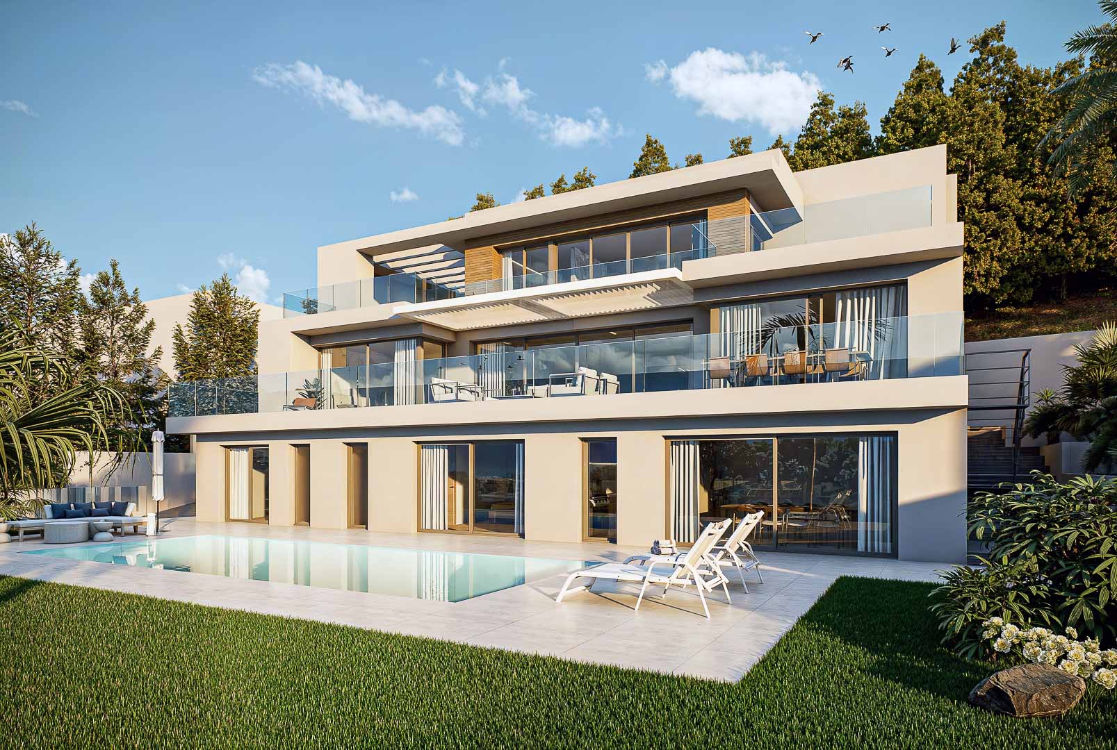 Moderne villa met drie verdiepingen, grote glazen puien, glazen balustrades op de terrassen en een zwembad omgeven door porseleinen tegels en een gazon.
