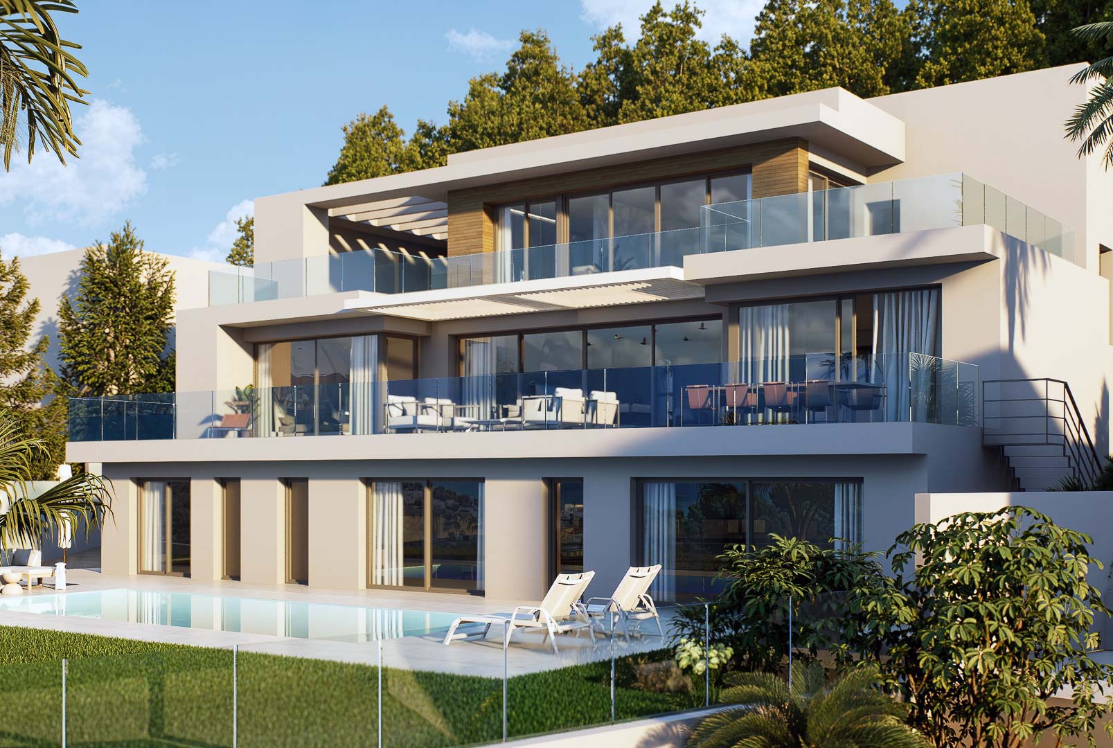 Moderne villa met drie verdiepingen, terrasvormige balkons met glazen balustrades en een zwembad in een aangelegde tuin.